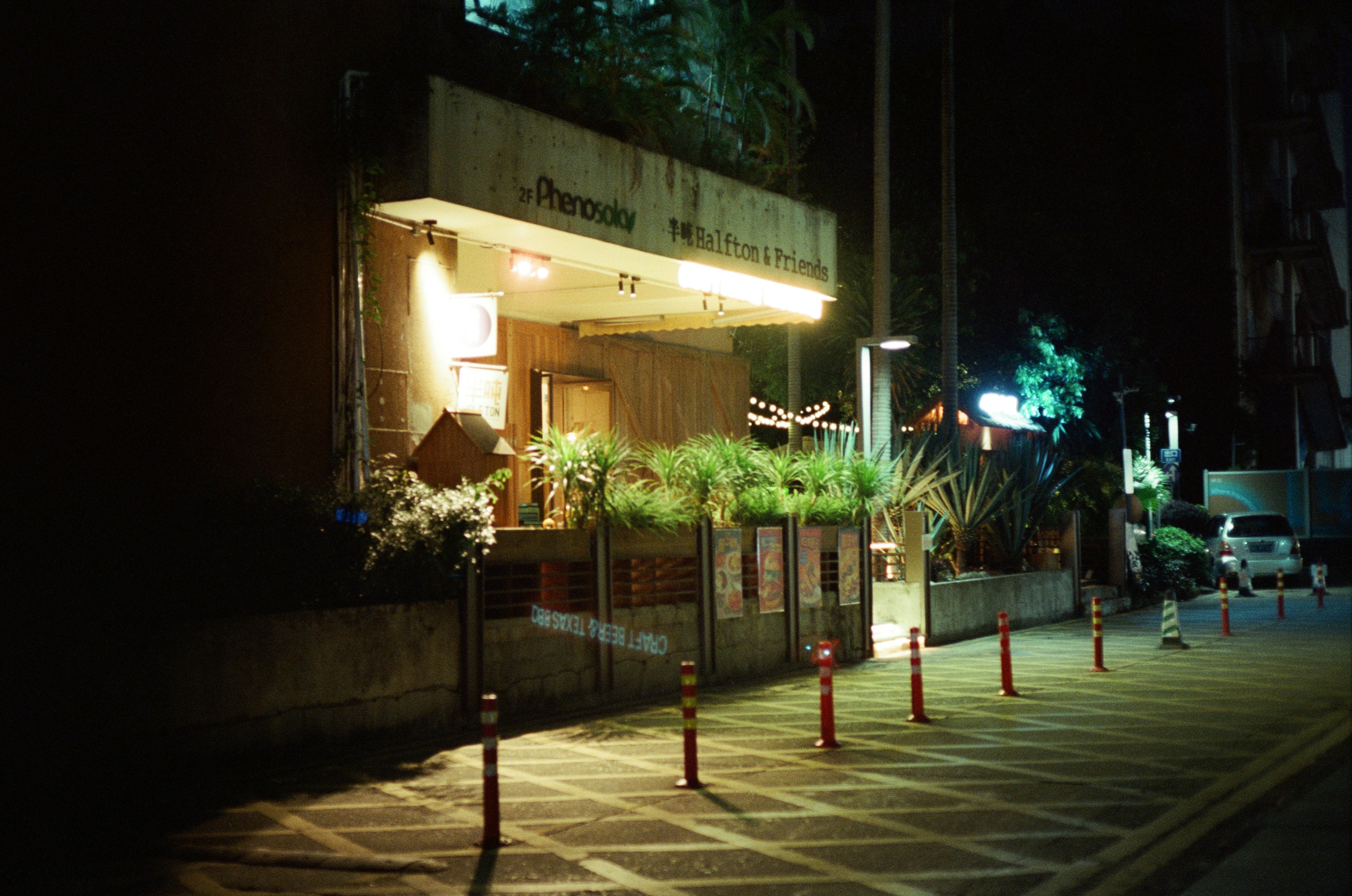 A building entrance with plants and a sidewalk at night