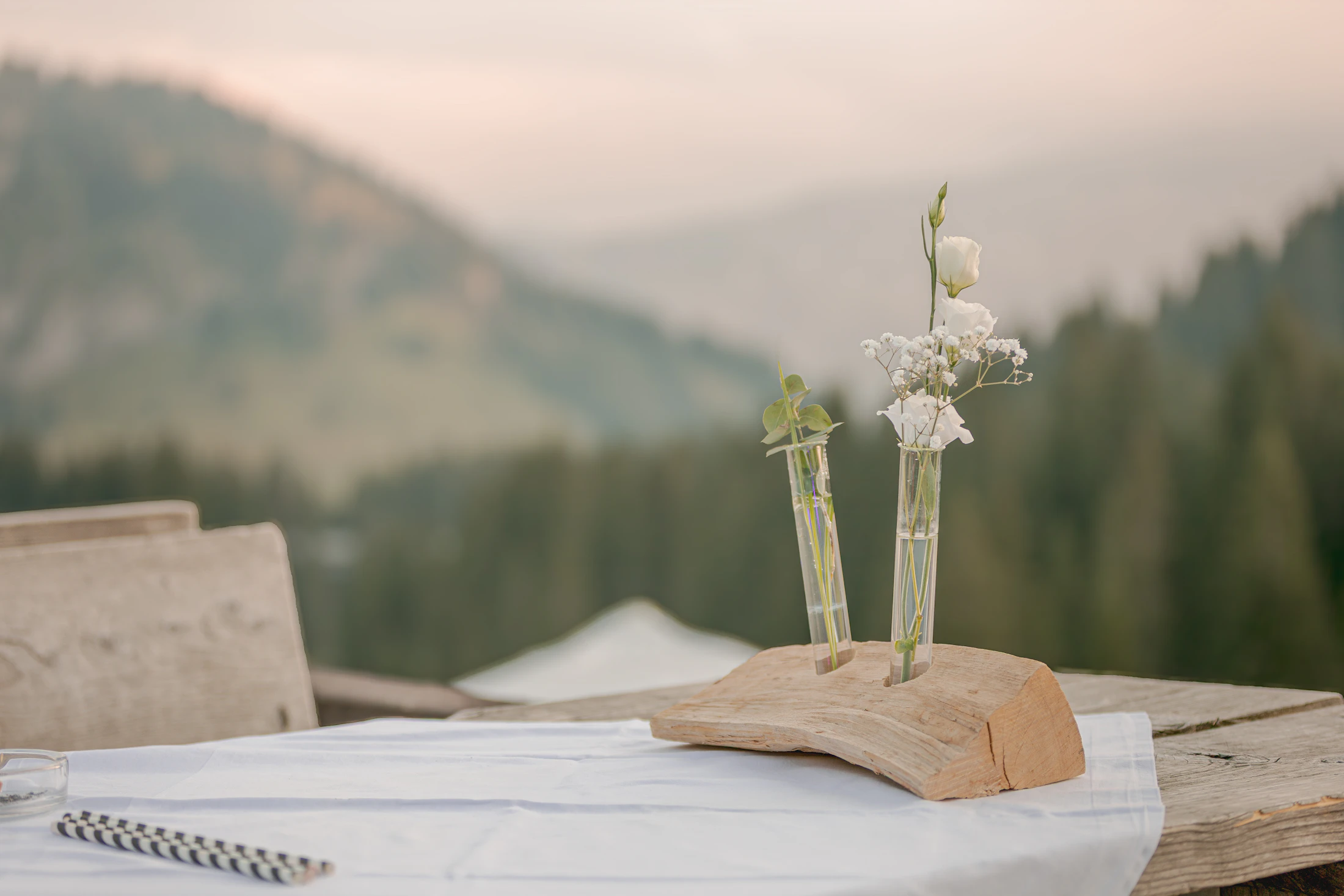 An outdoor reception table with white flowers below the mountains