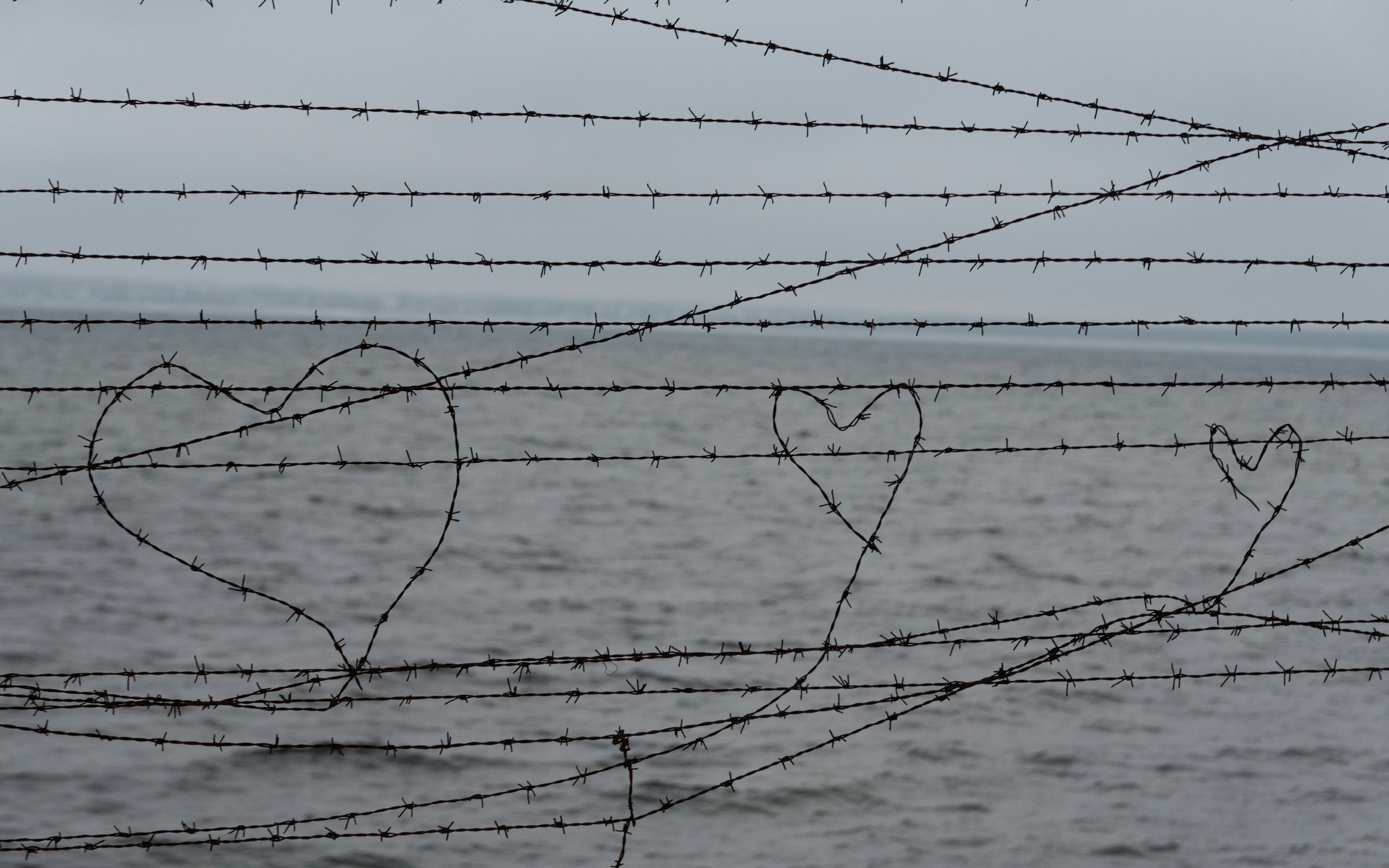 Barbed wire with heart shapes over a grey ocean