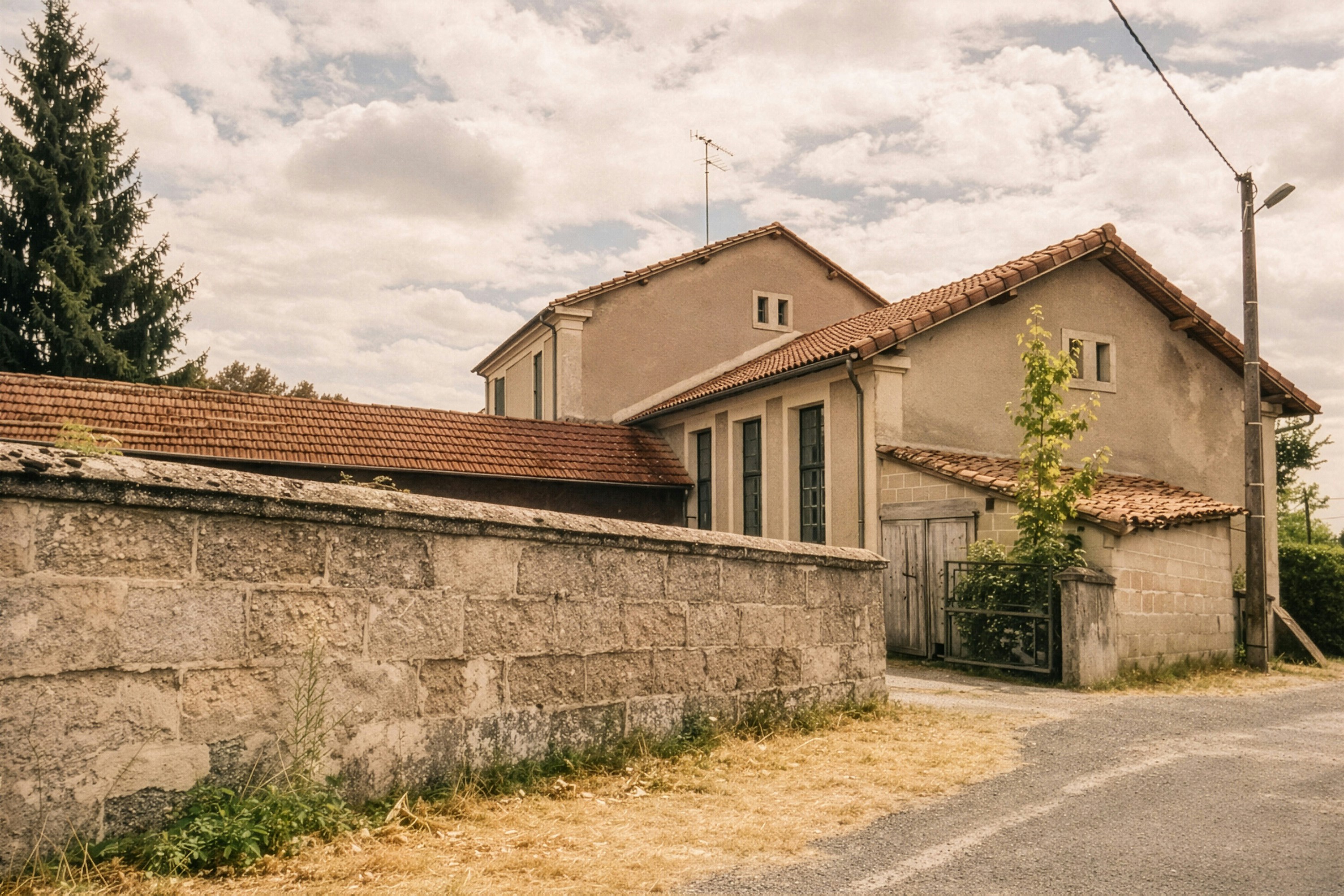 Rural house with a stone wall under a cloudy sky.