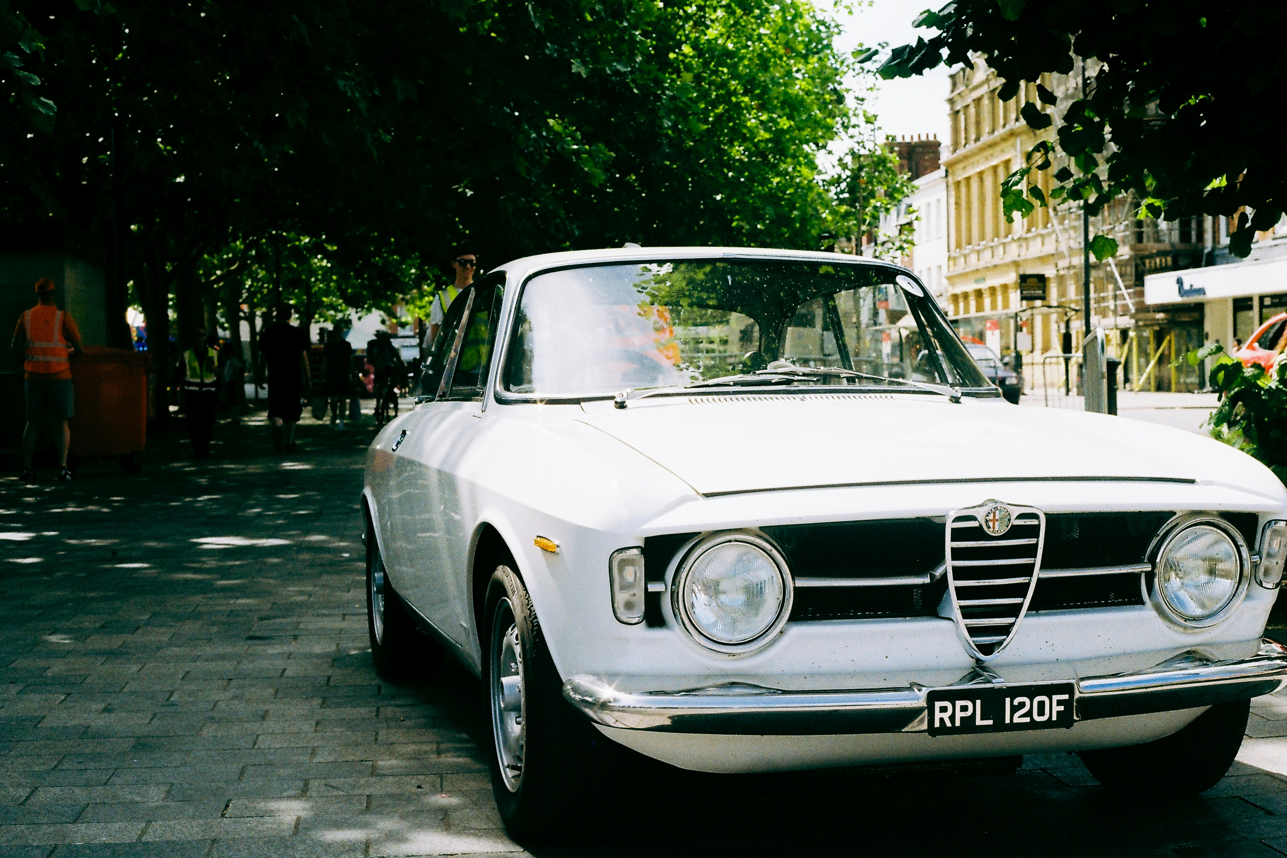 Biała zabytkowa Alfa Romeo zaparkowana pod drzewami