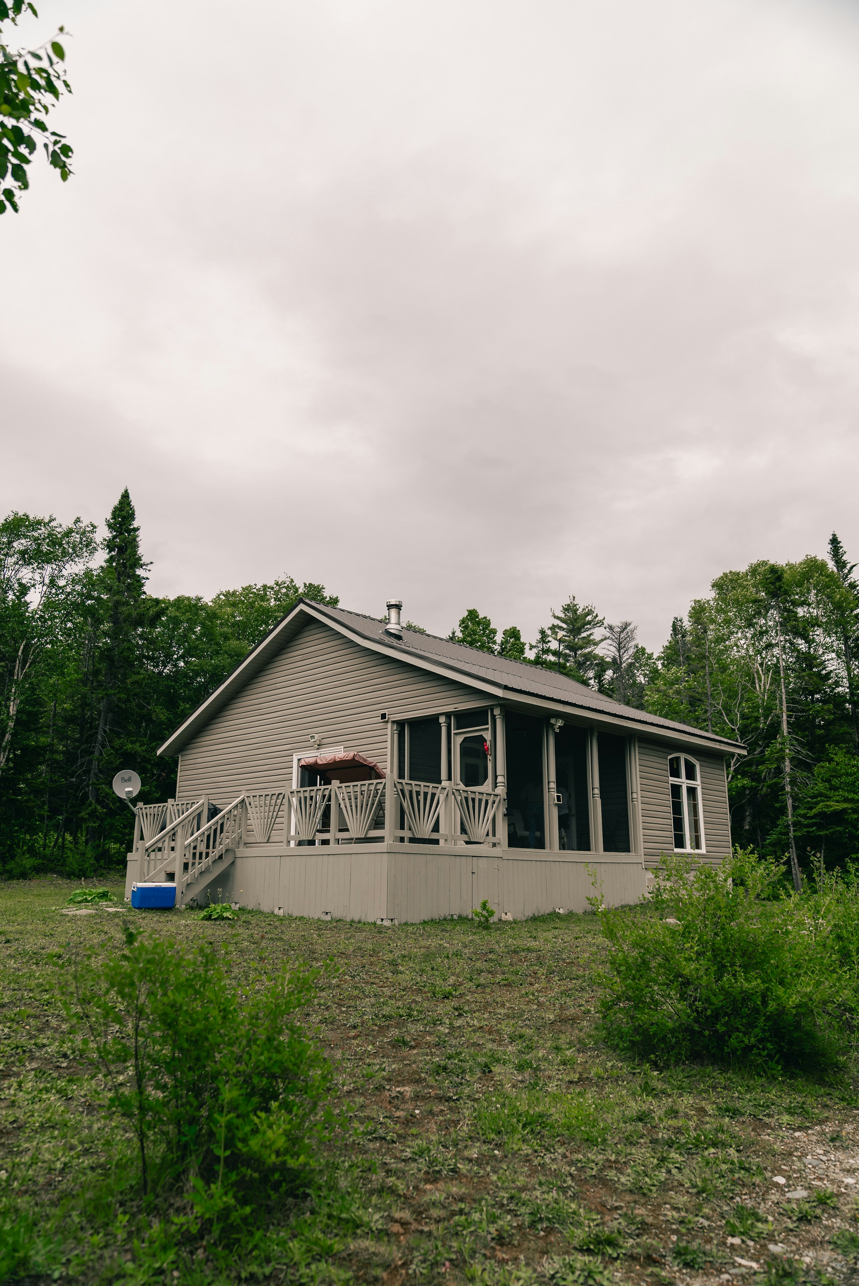 A rustic cabin with a porch surrounded by green trees.