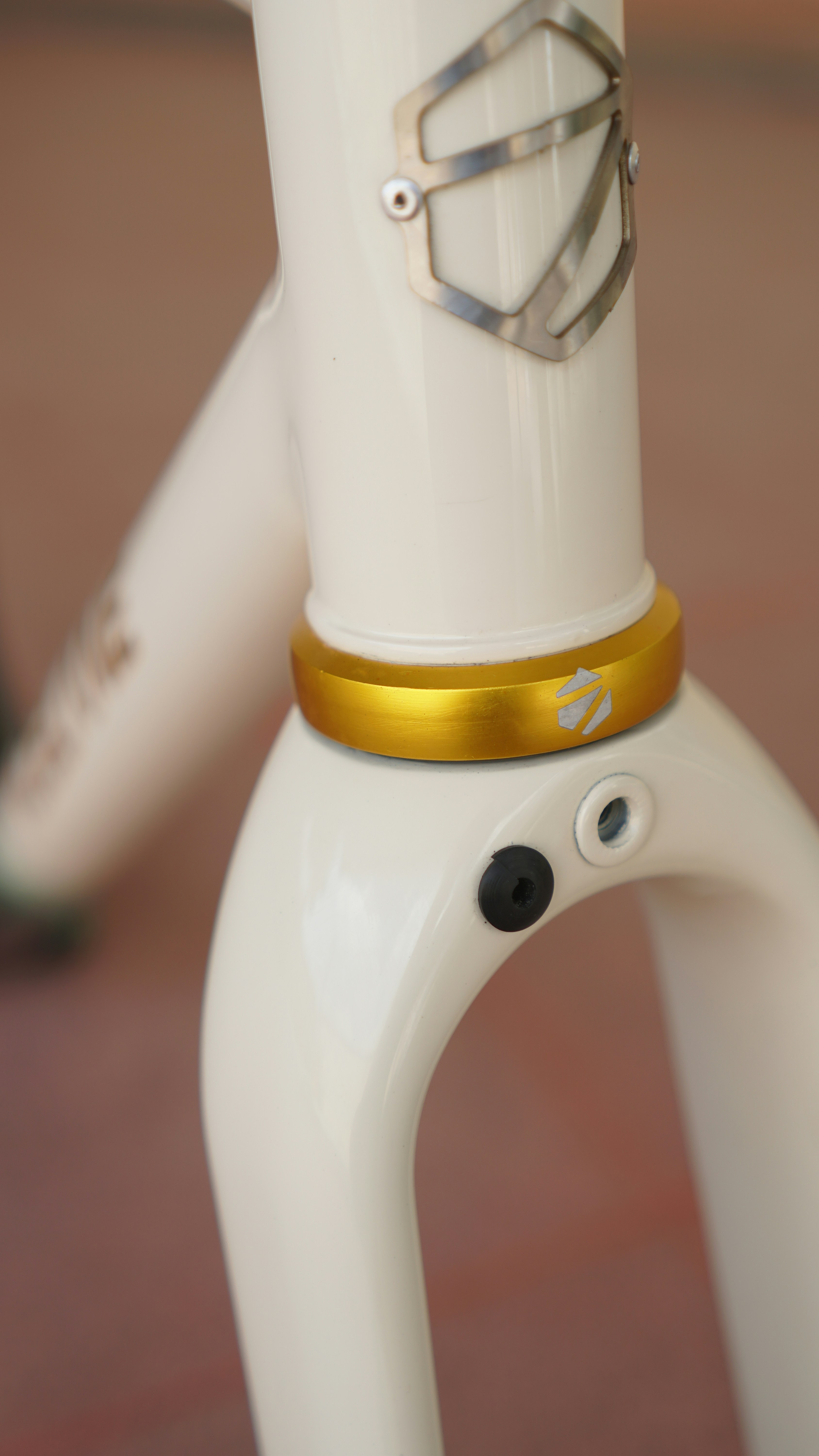 Cuadro de bicicleta crema con auricular dorado y emblema metálico