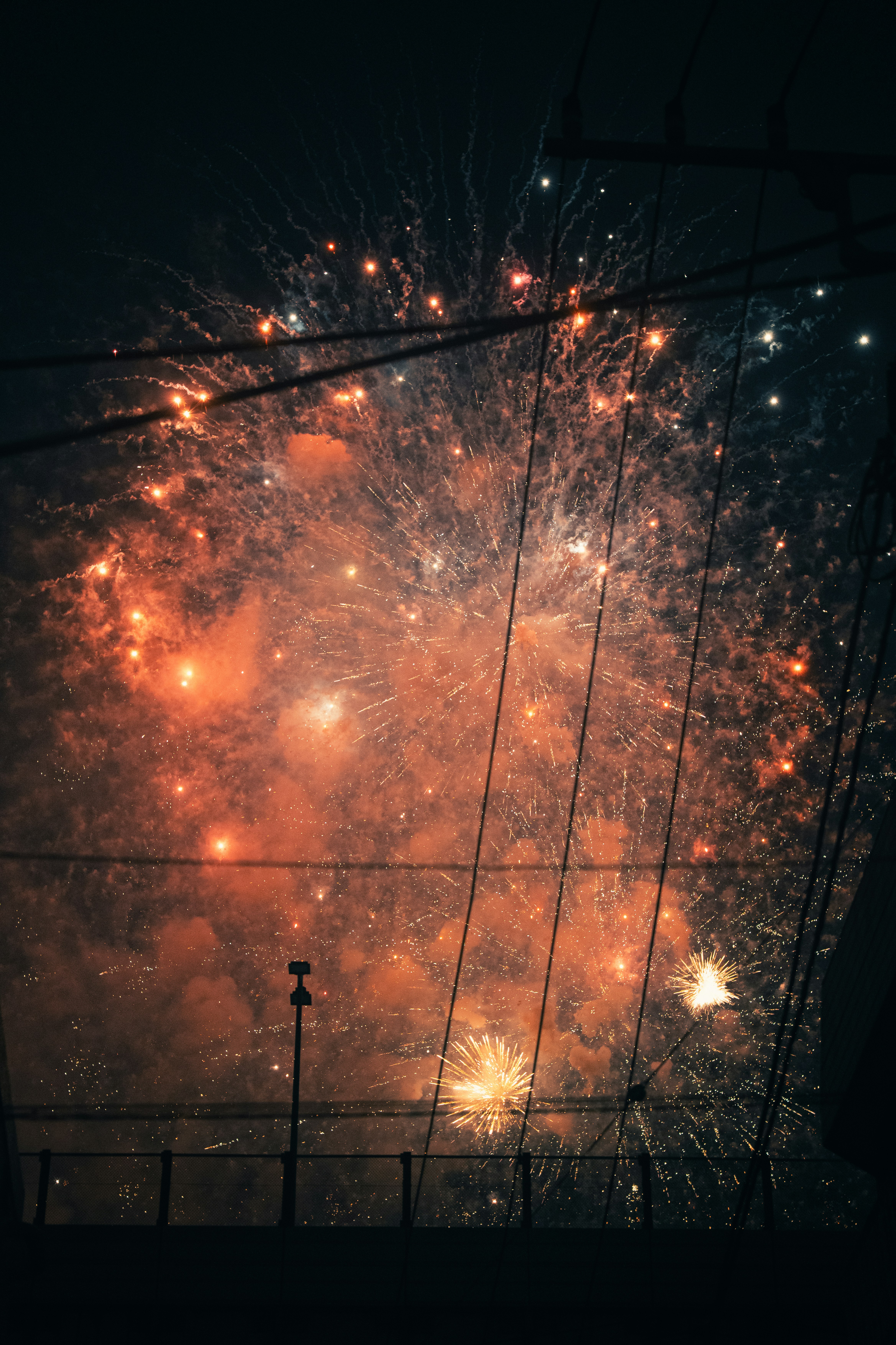 Vibrant fireworks explode in the night sky with power lines