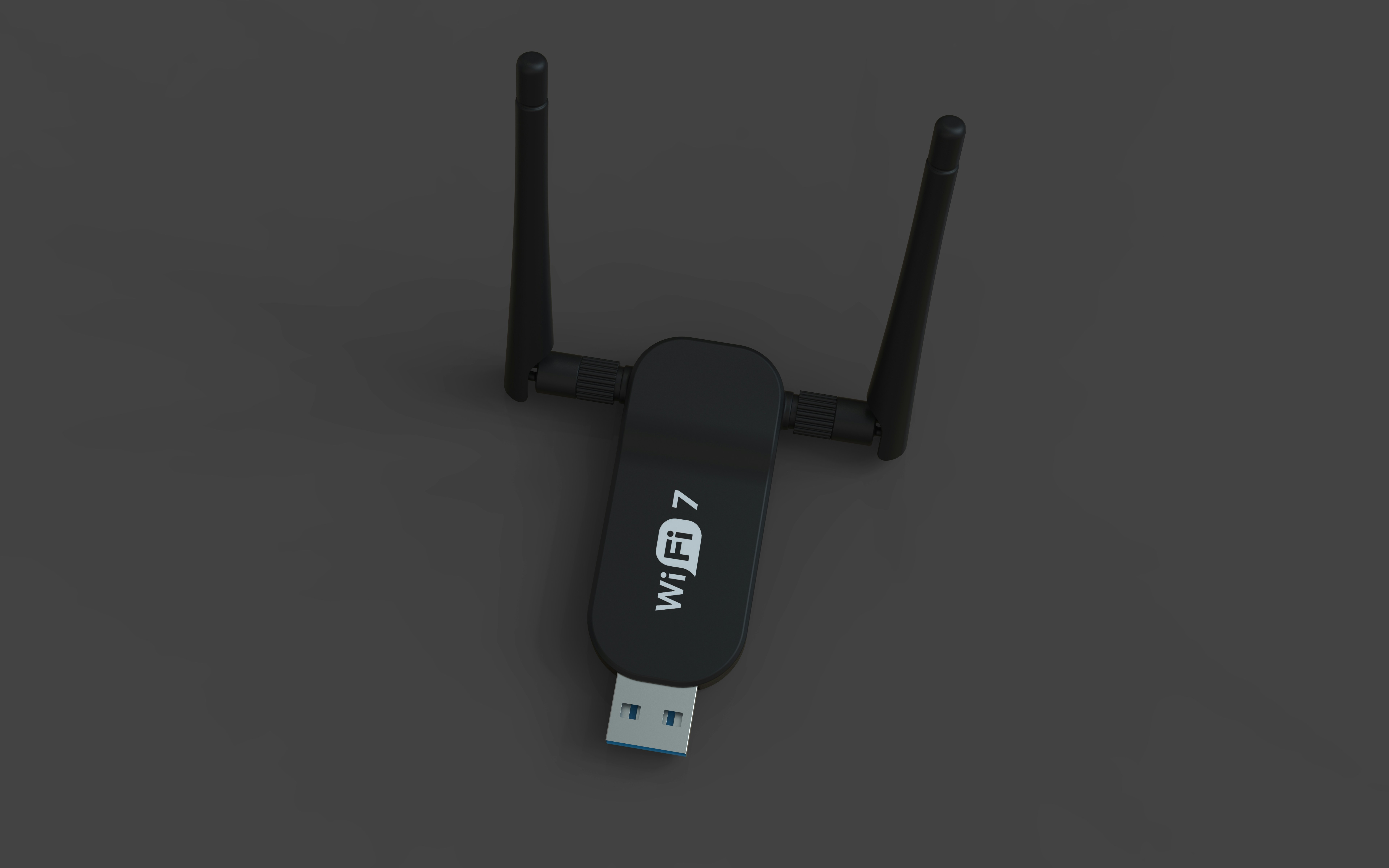 A black usb wifi 7 adapter with two antennas.