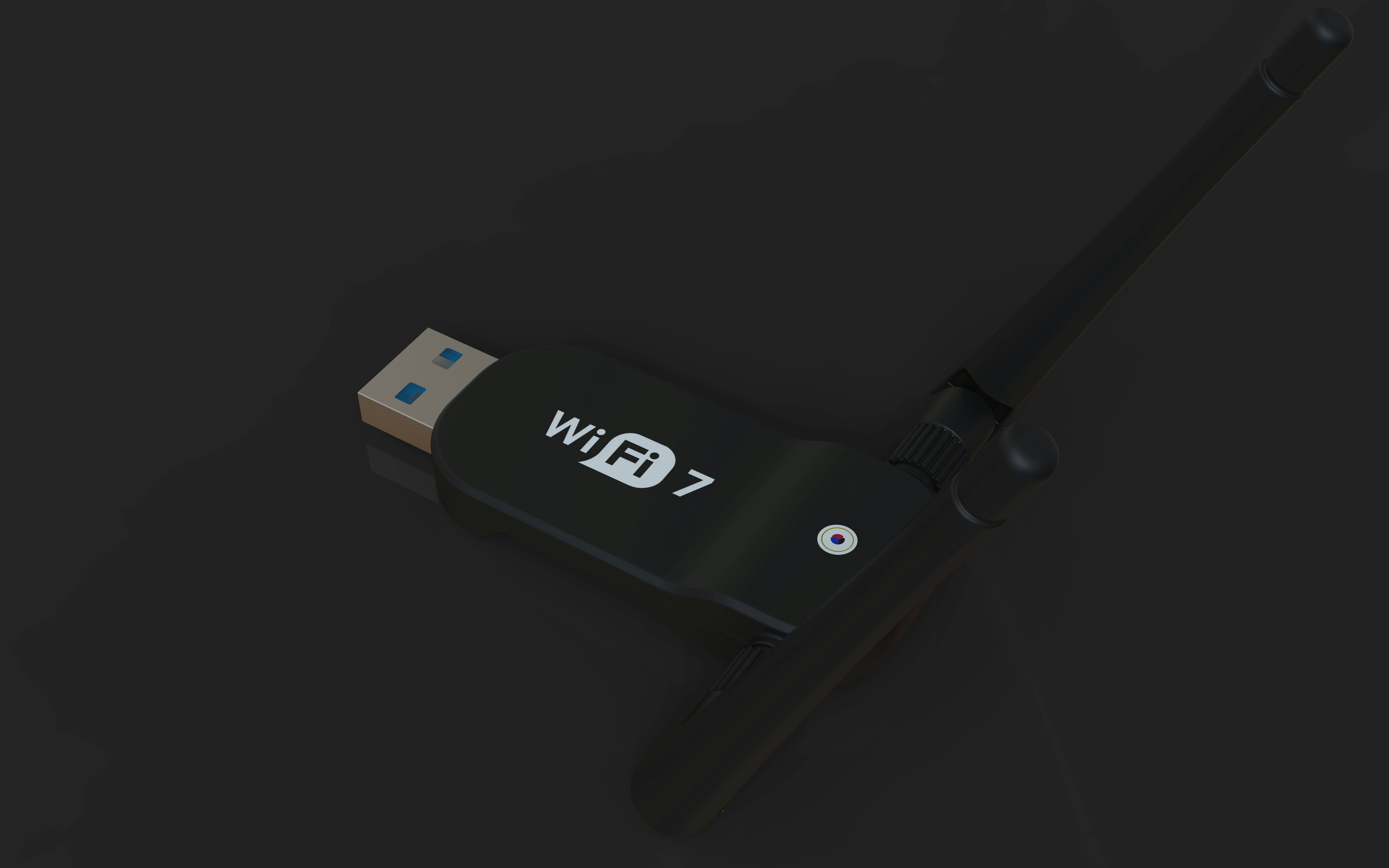 A black usb wifi 7 adapter with an antenna.