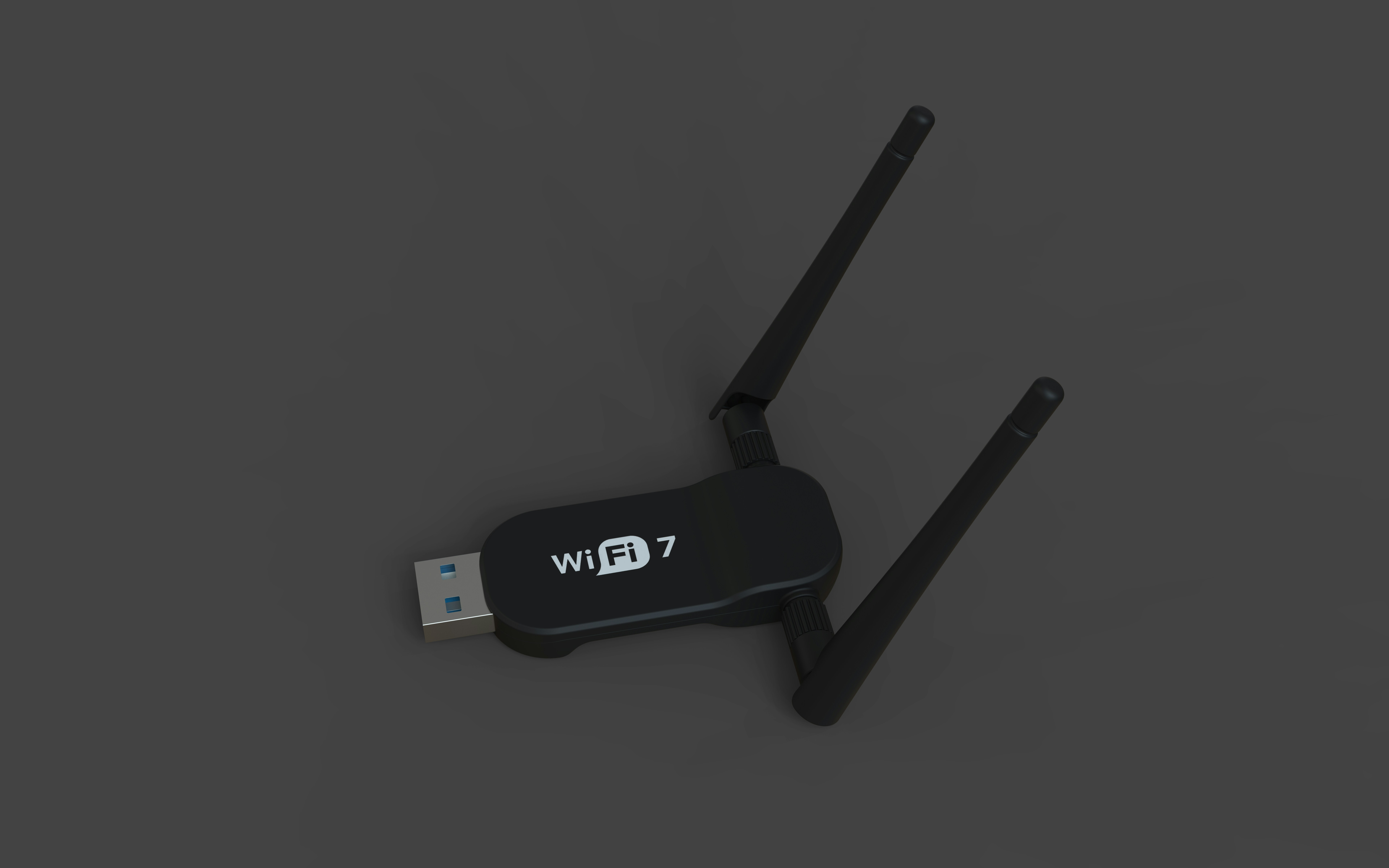 A black usb wi-fi 7 adapter with two antennas.