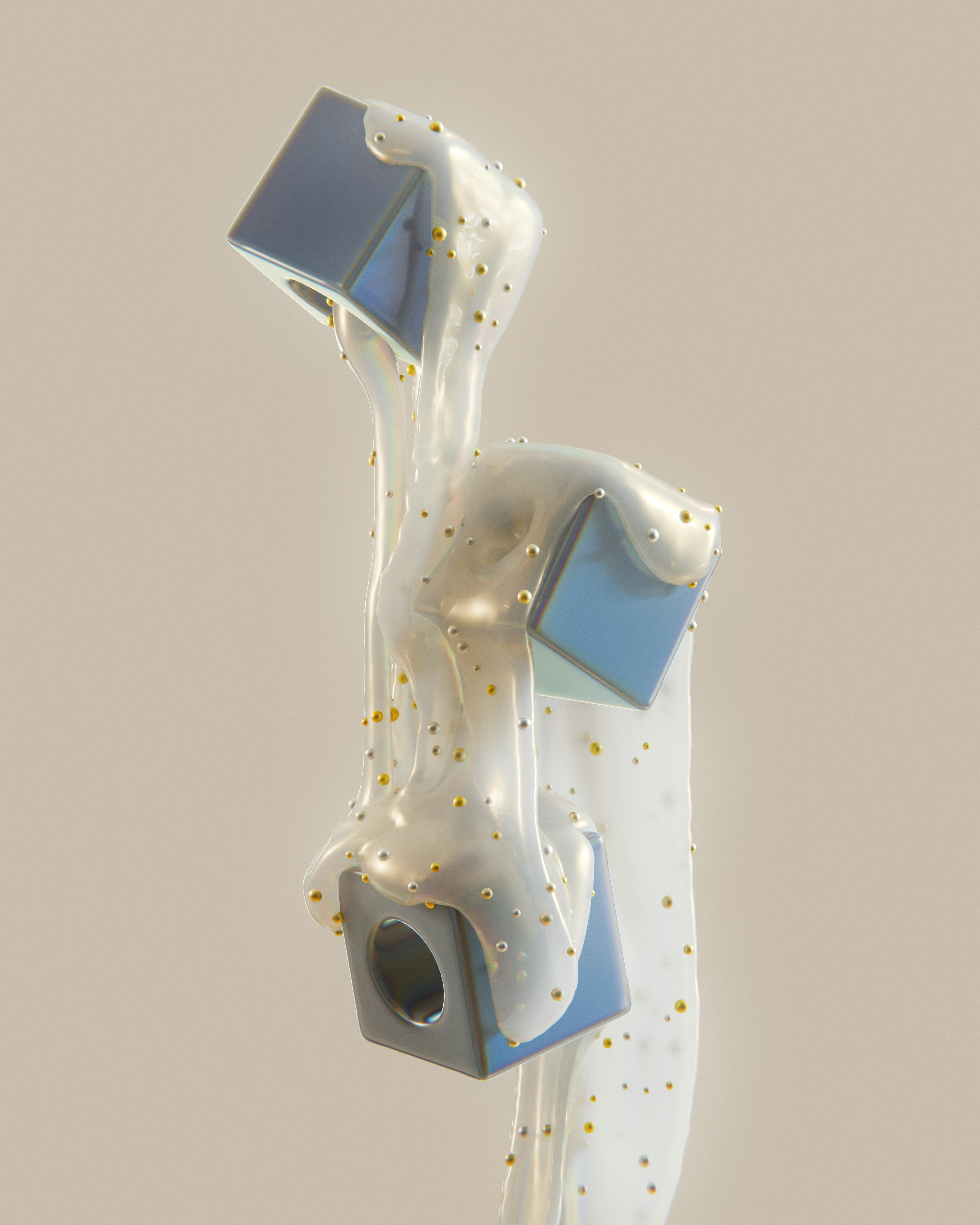 Blue cubes covered in translucent fluid adorned with golden spheres.