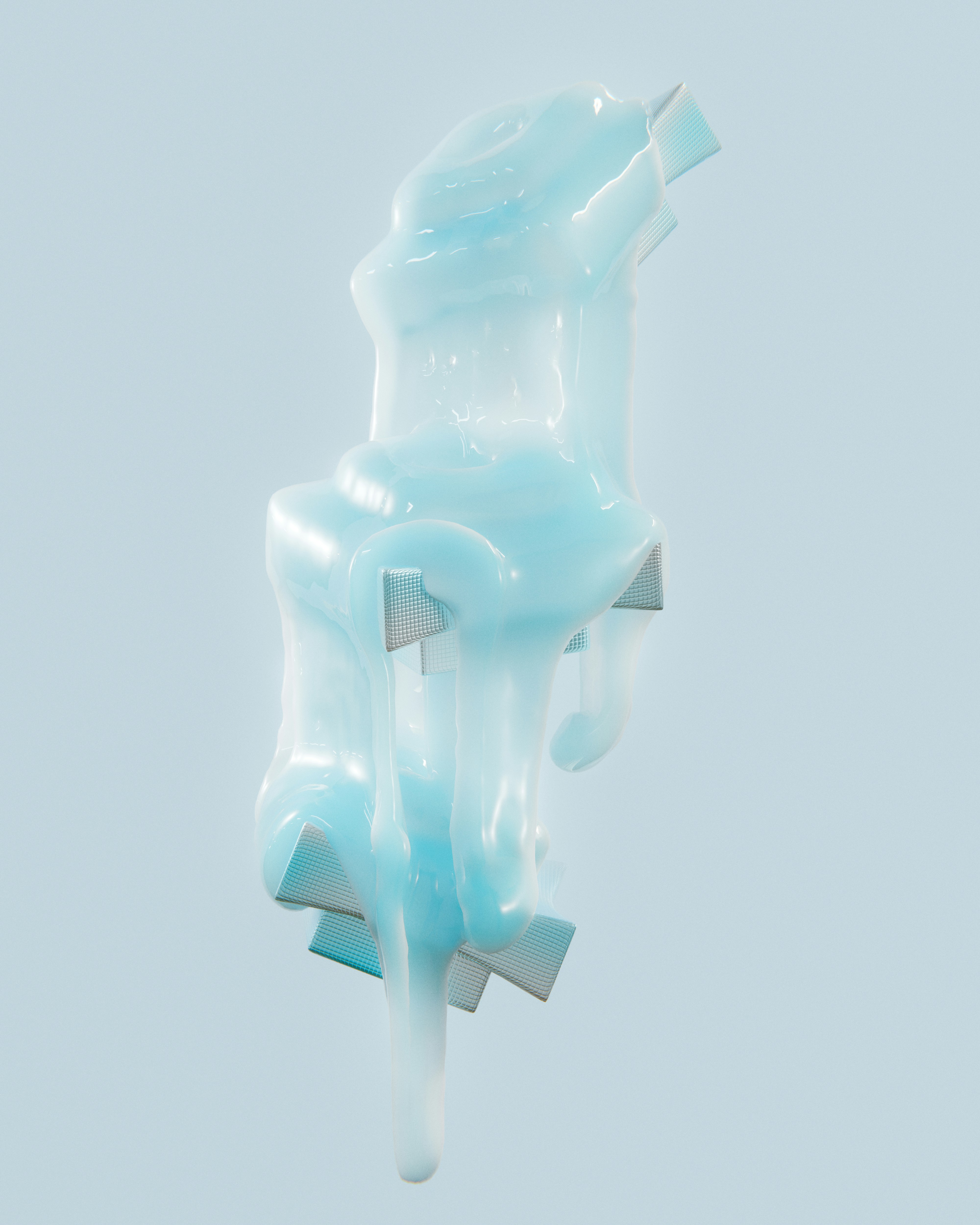 Abstract light blue translucent form with geometric elements.