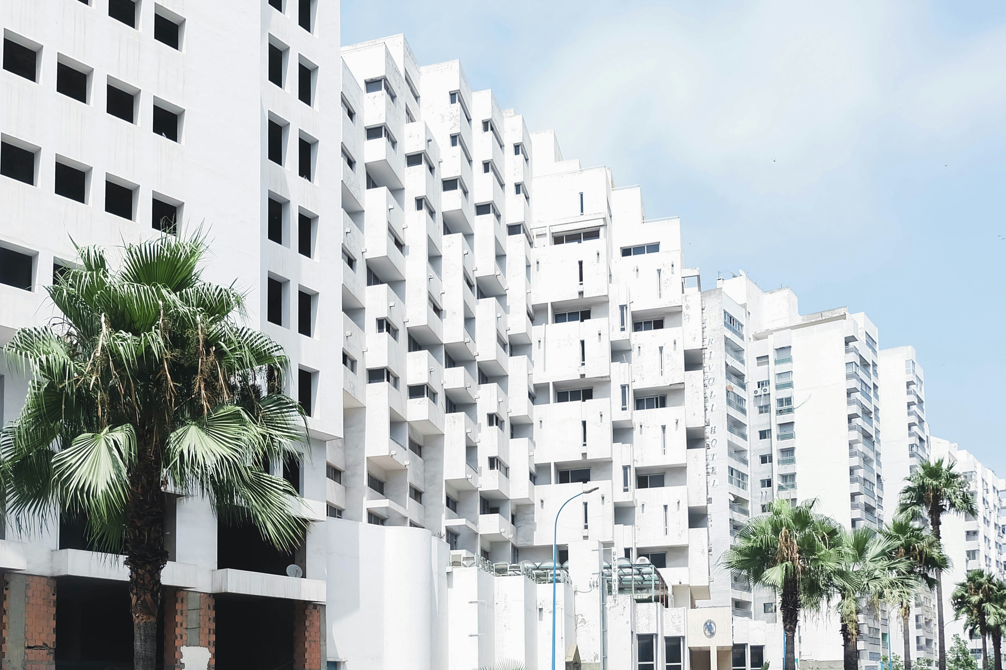 Palm trees stand before white, stepped apartment buildings.