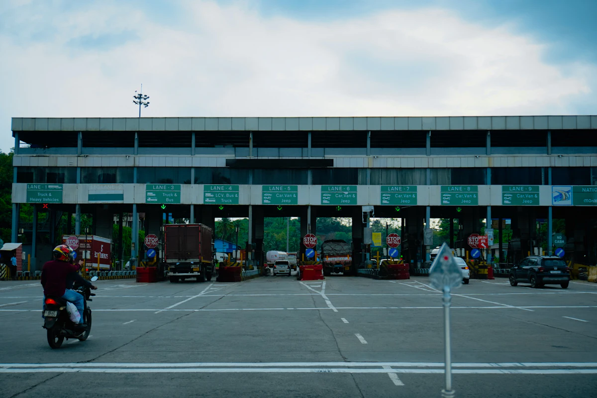 A busy highway toll plaza