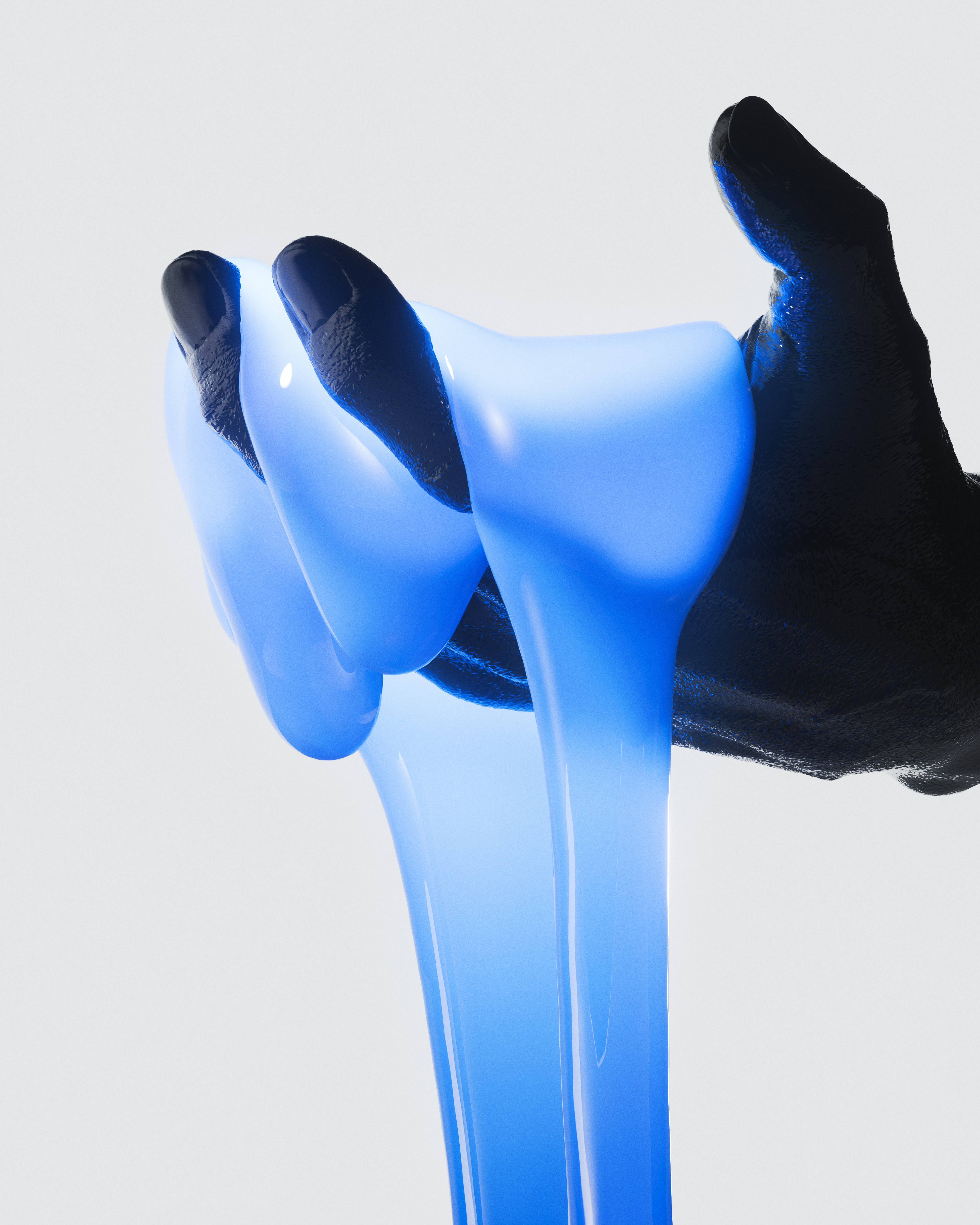 A hand stretches blue goo, dripping downwards.