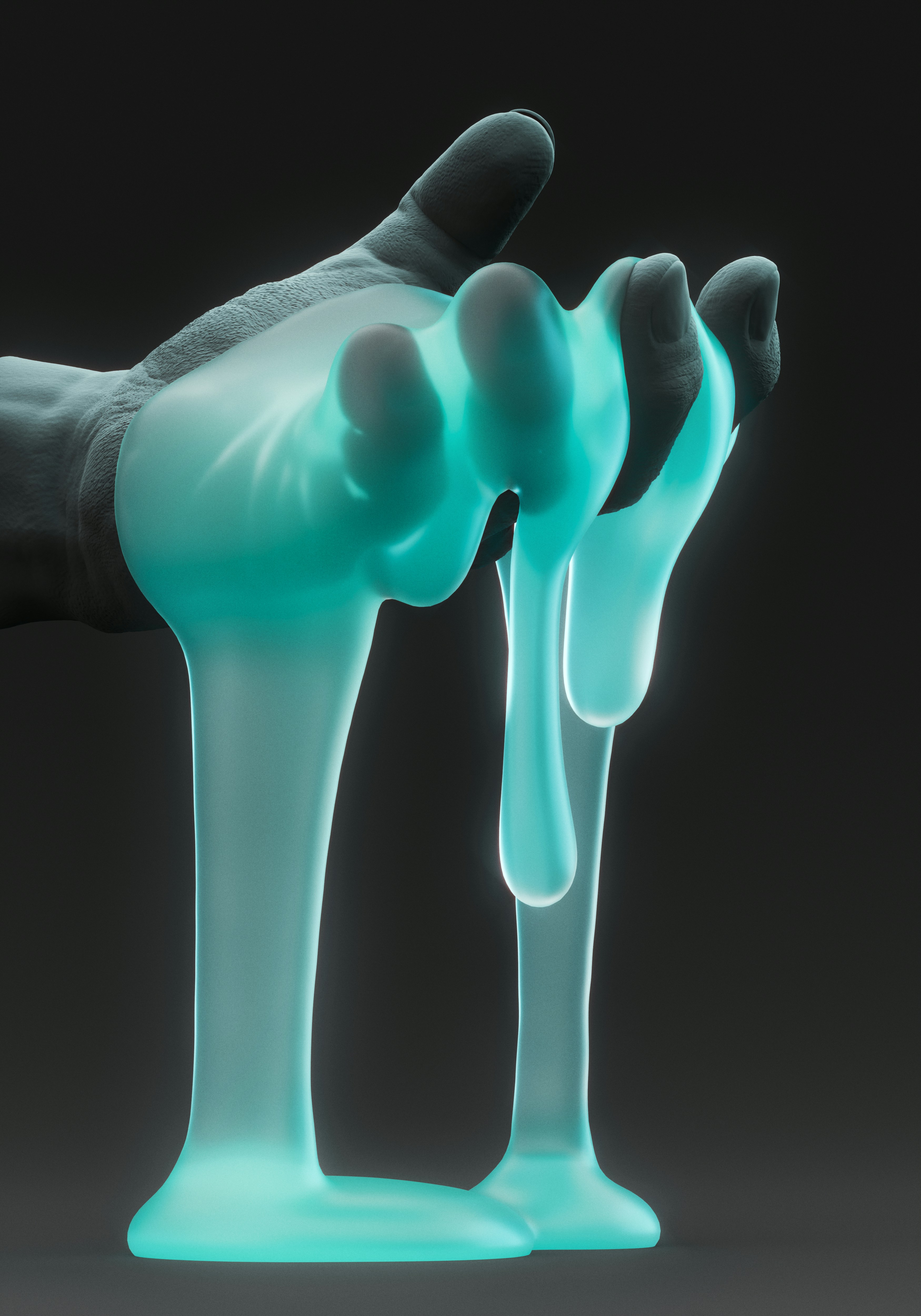 A hand holding and dripping glowing blue-green slime.