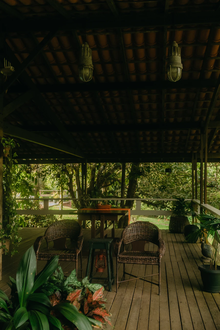 Véranda en bois de la maison créole, fauteuils en rotin