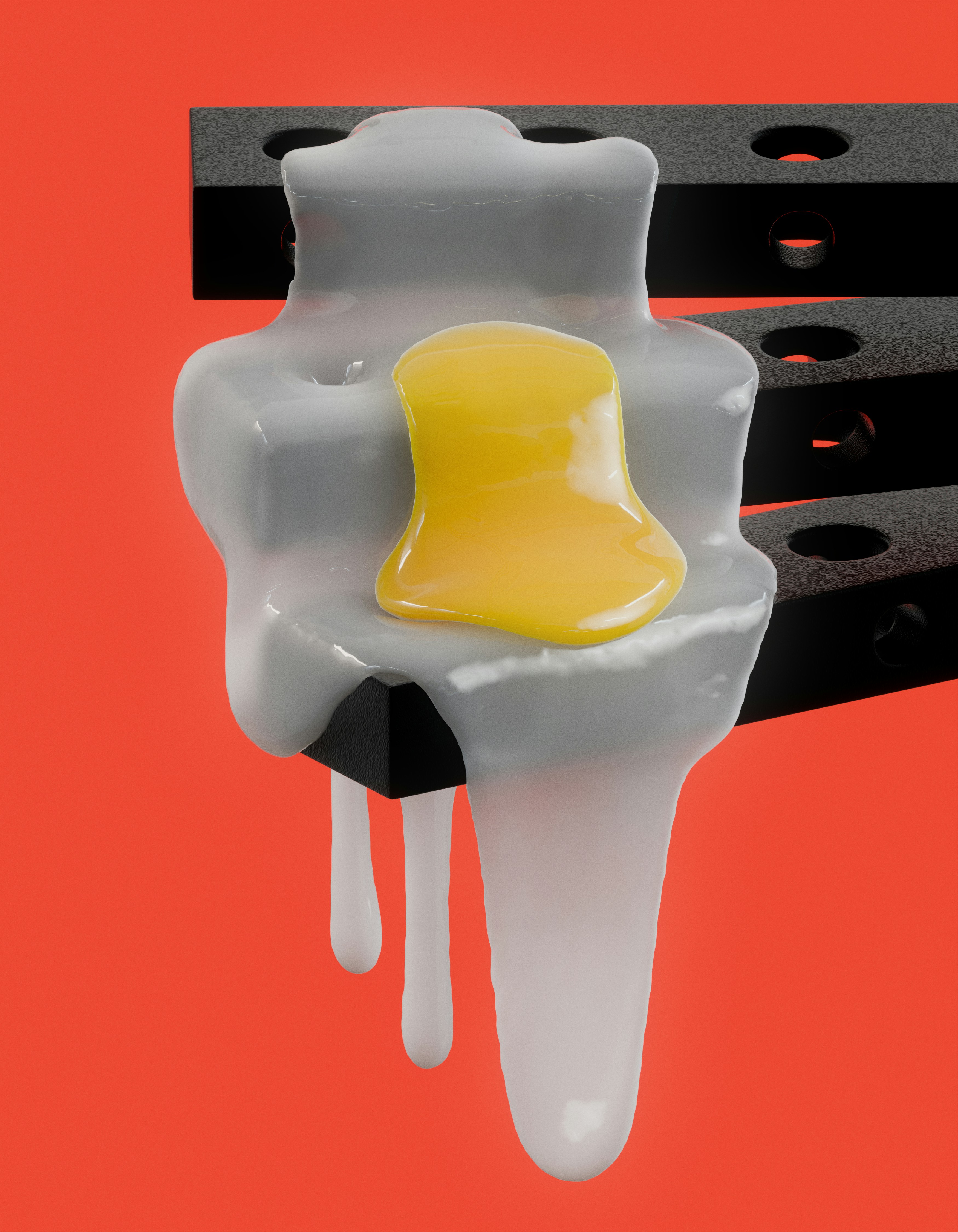 Abstract grey and yellow melting form on black bars.