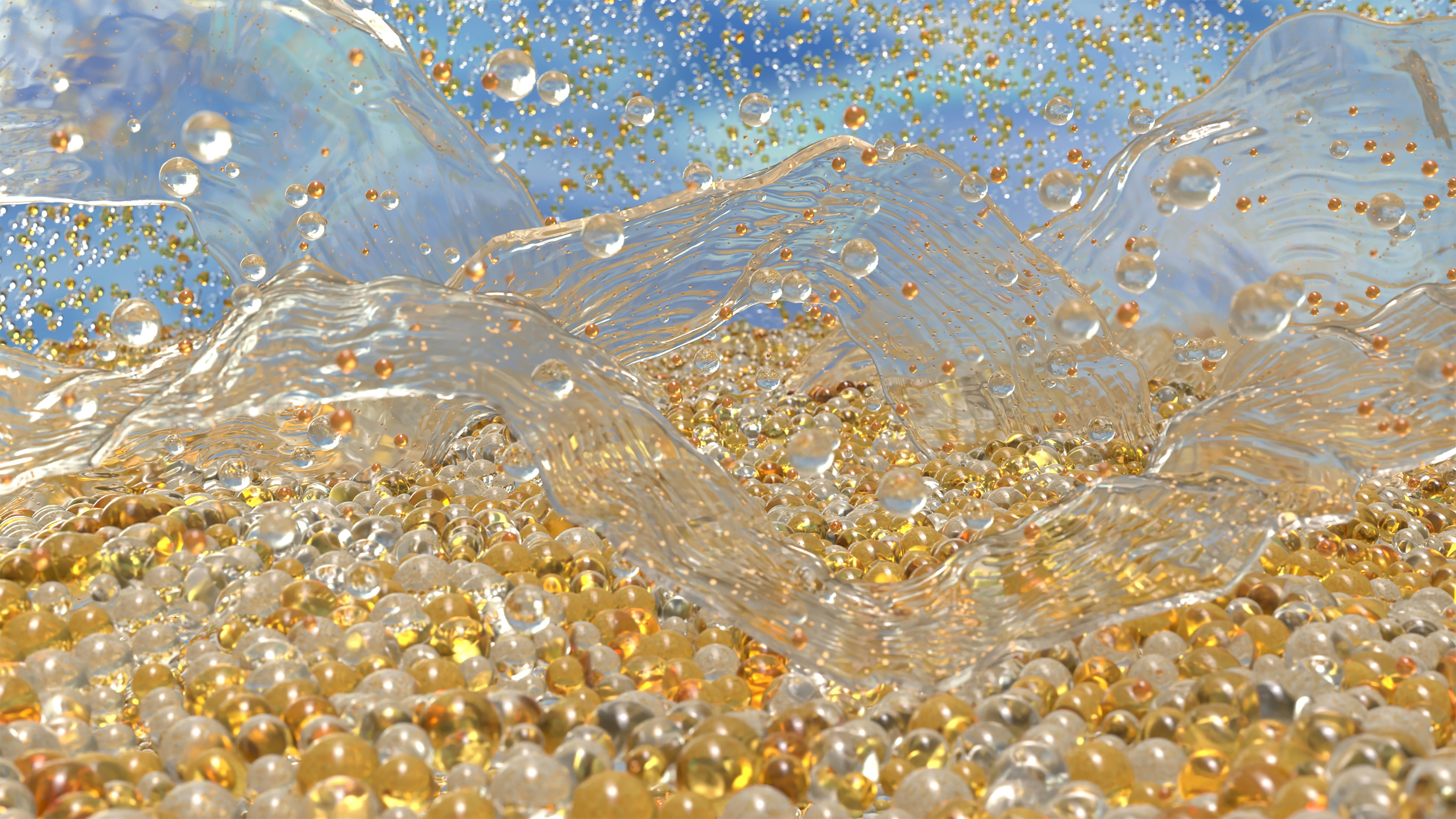 Water splashes over golden sand with a blue background