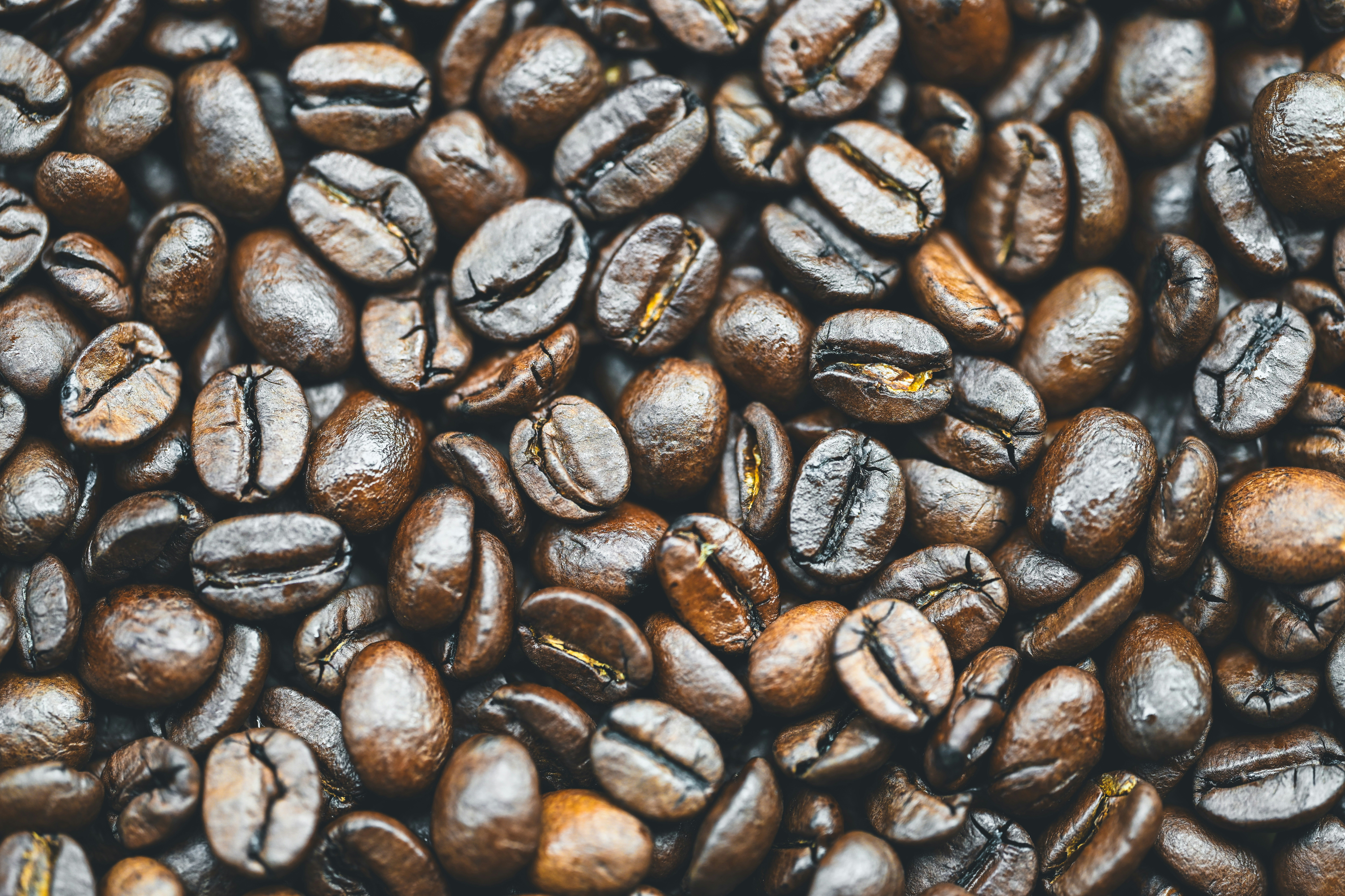 Grãos de café torrados escuros espalhados pela superfície.