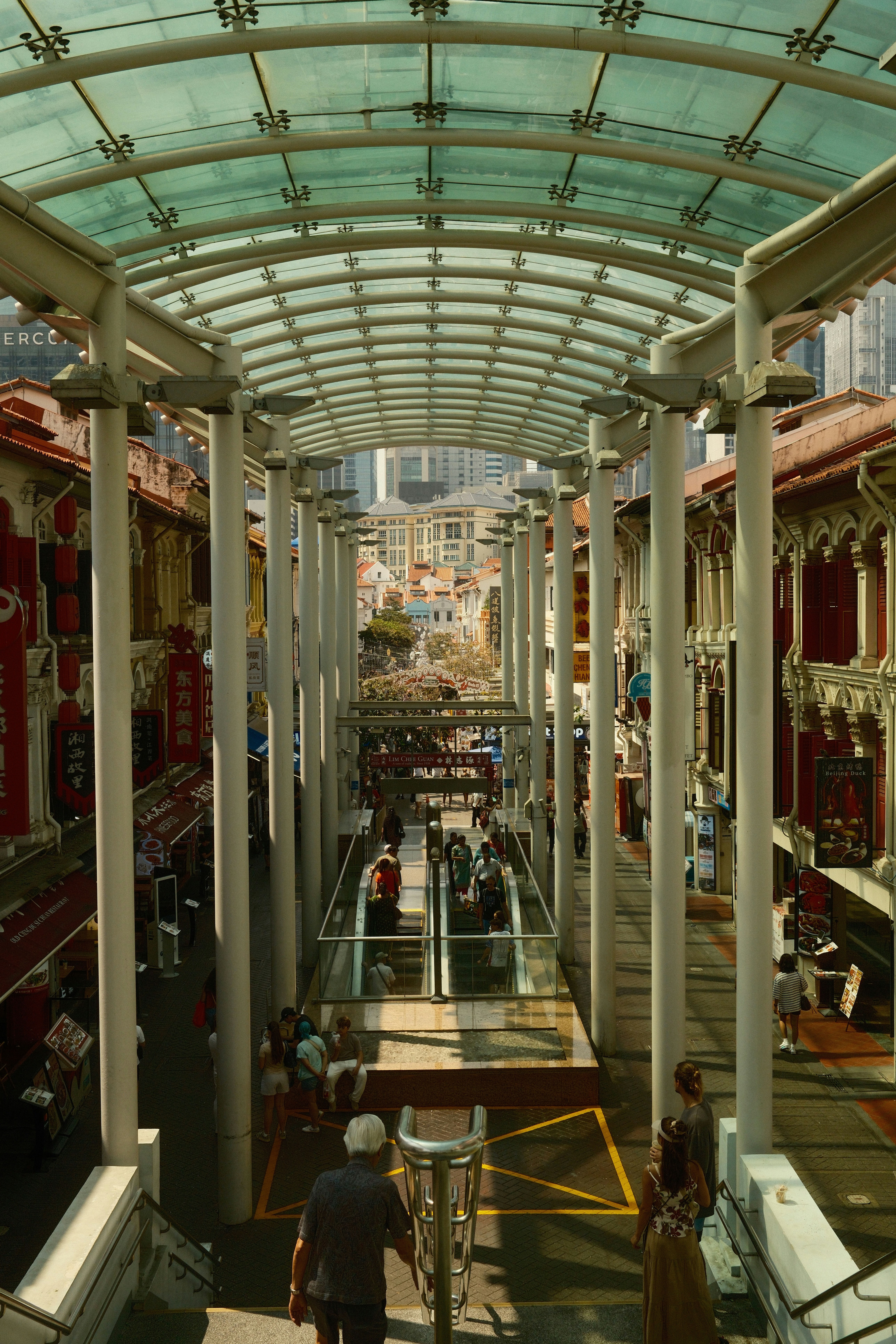 Covered street with glass roof and traditional buildings.