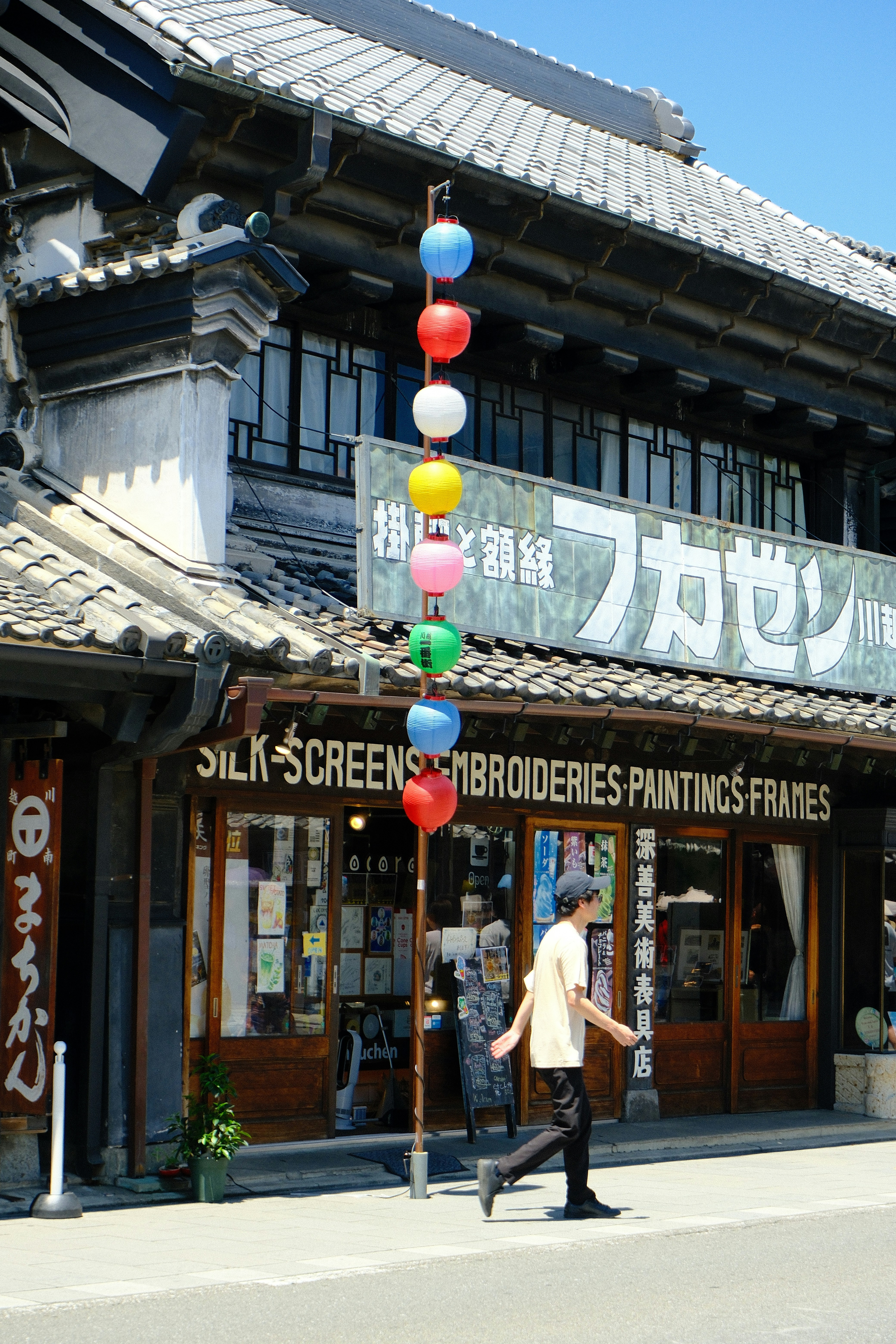 Une personne passe devant des bâtiments traditionnels japonais et des lanternes colorées.