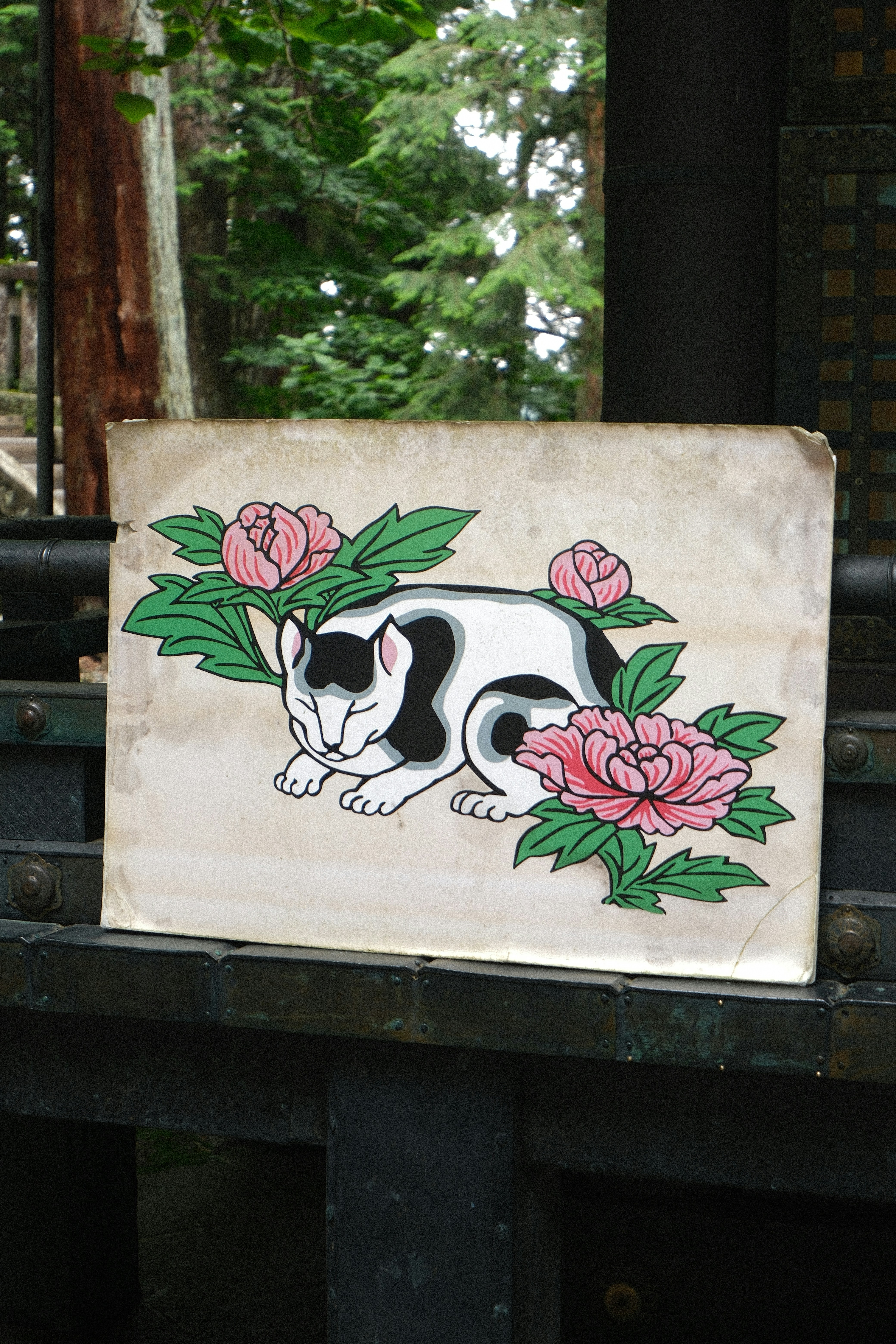 Illustration de chat en noir et blanc avec des fleurs roses sur papier.