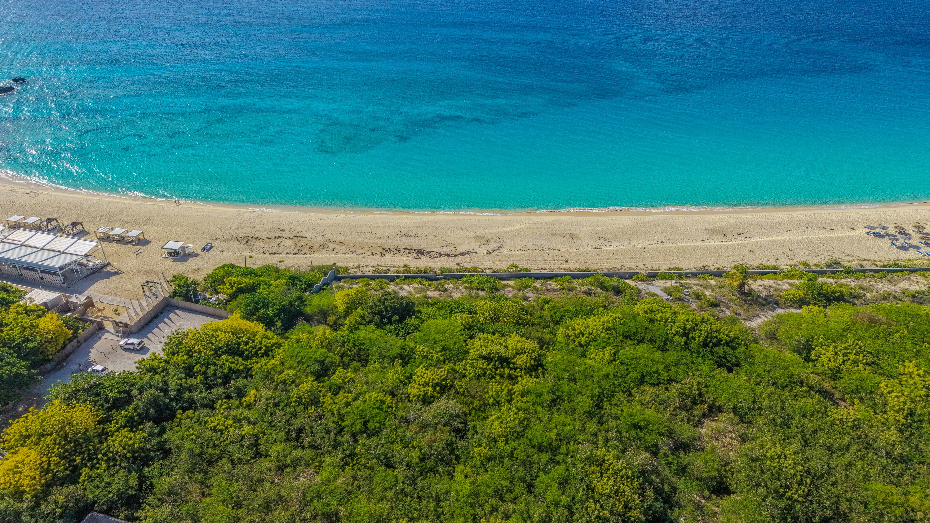 Beautiful beach with turquoise water, sandy shore, and green trees ...