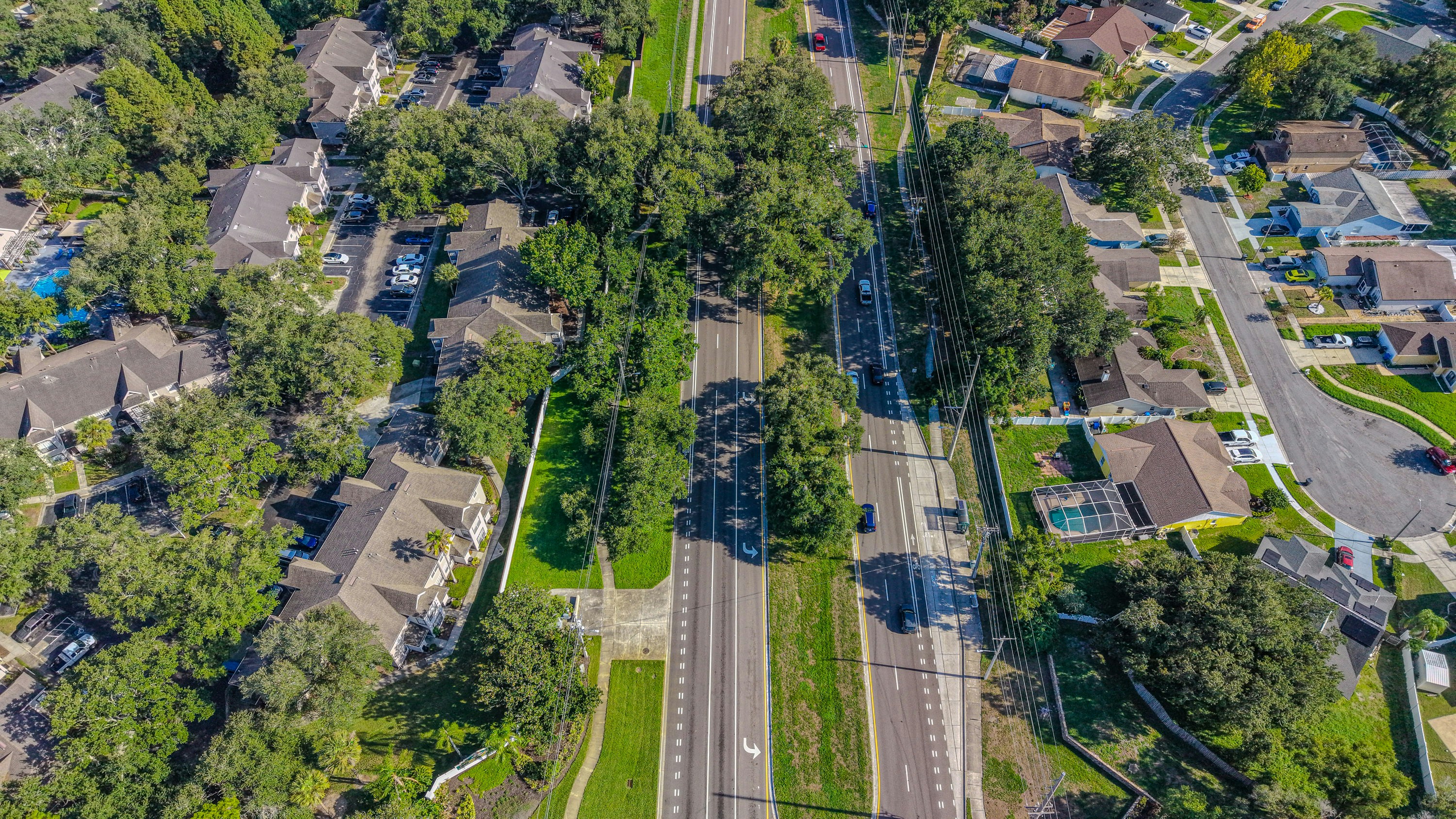 Suburban neighborhood with houses, lush trees, and a central road