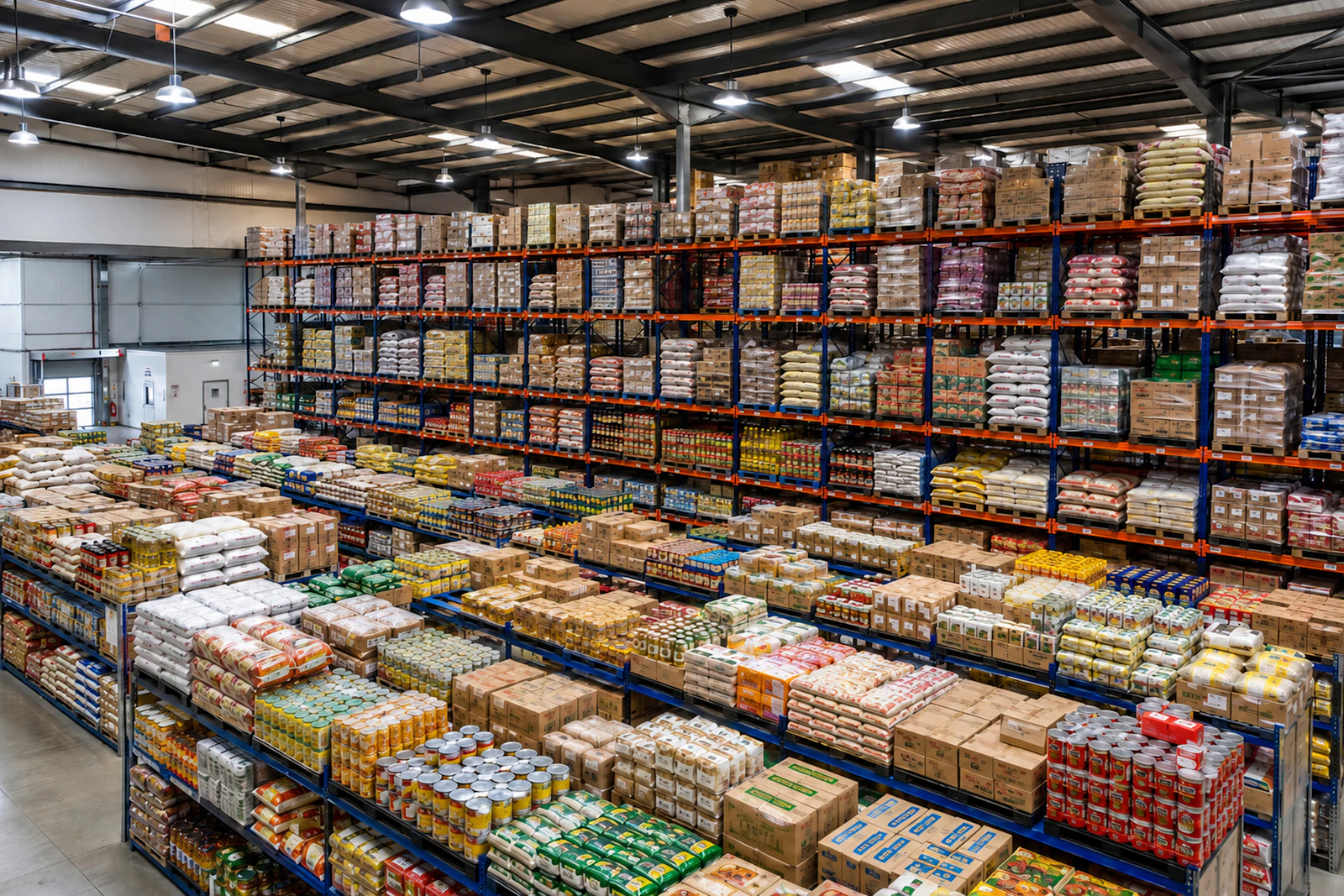 Warehouse worker among tall pallet racking shelves