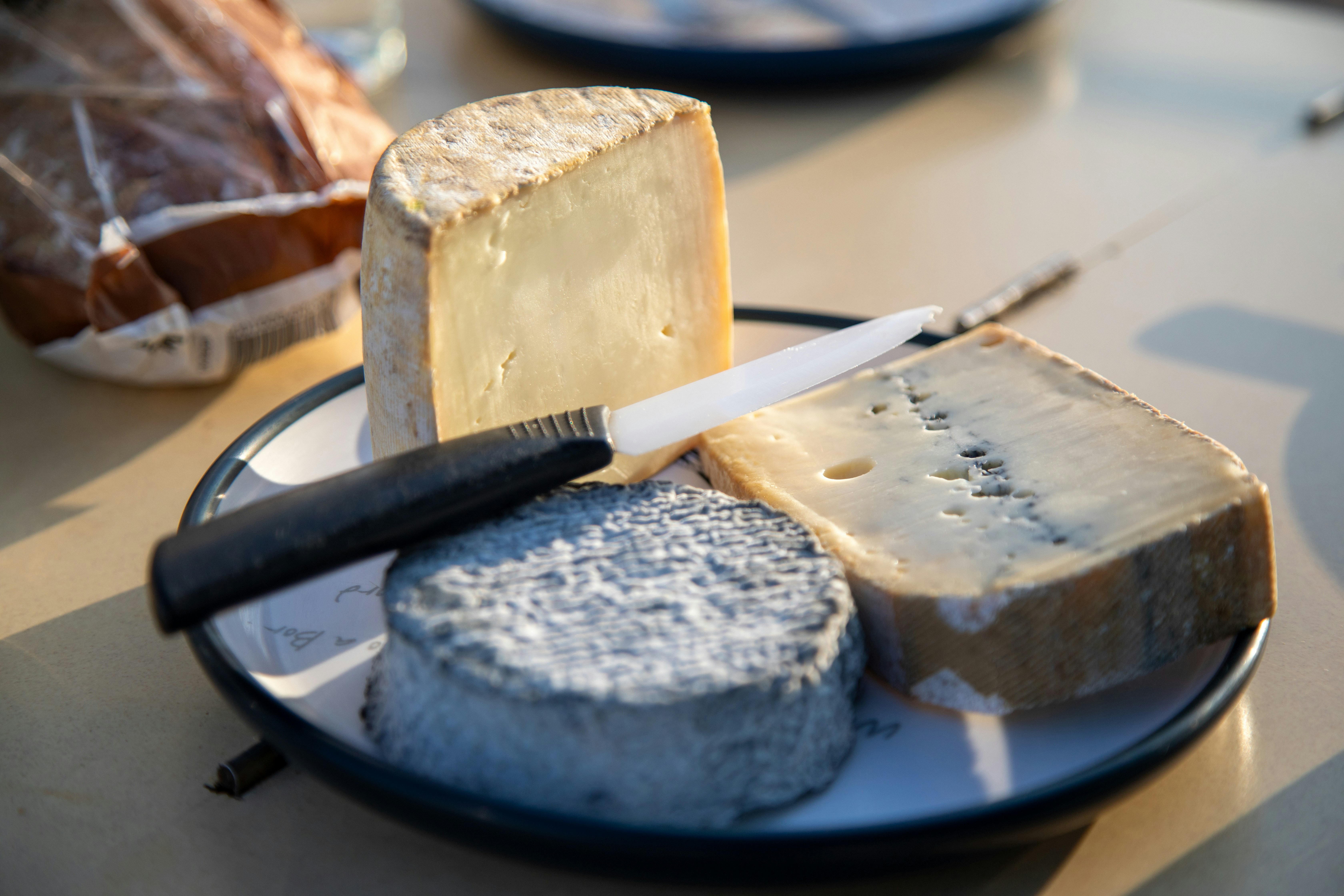 A plate of various cheeses with a knife.