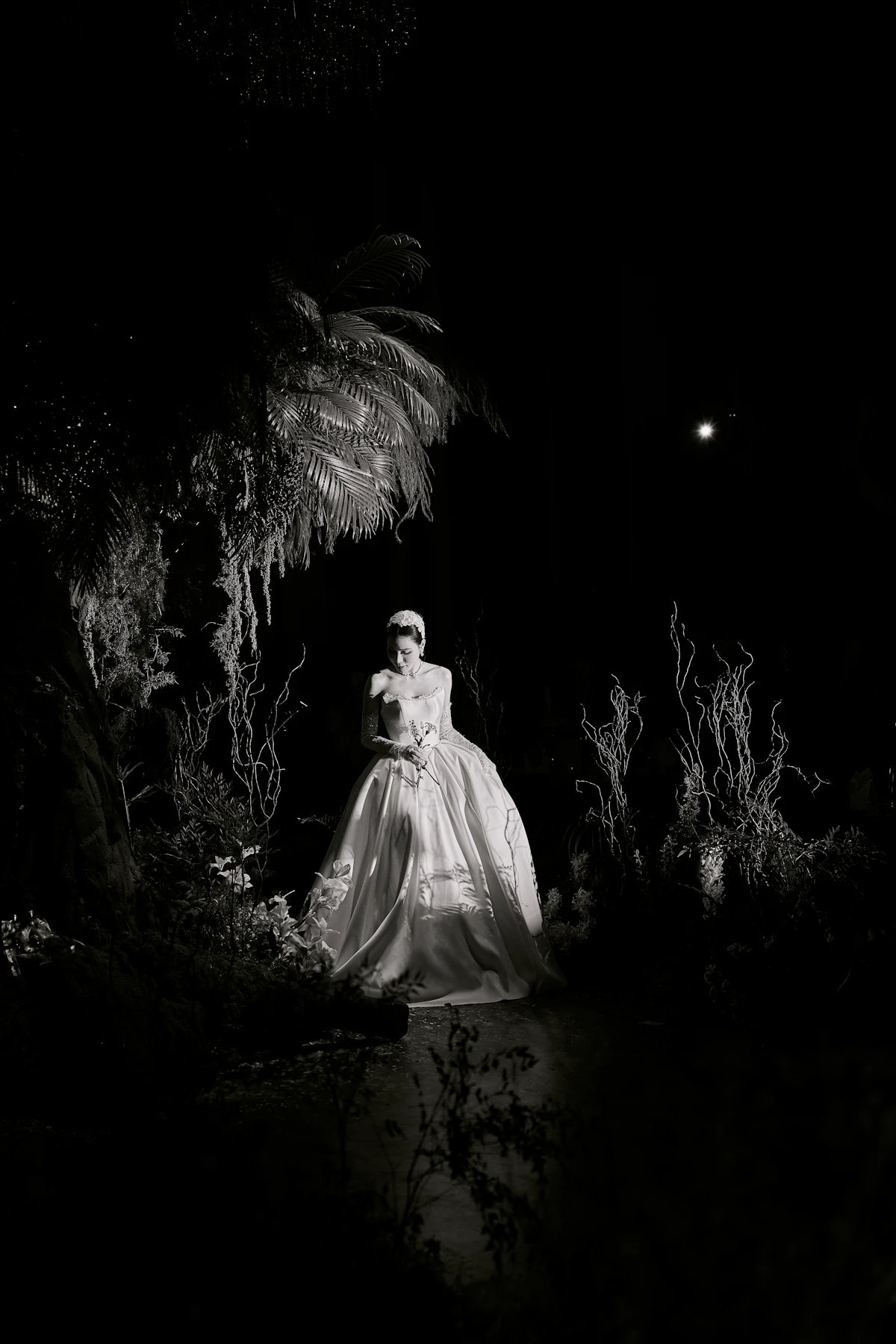 Bride in a full ball gown glowing in a dark garden