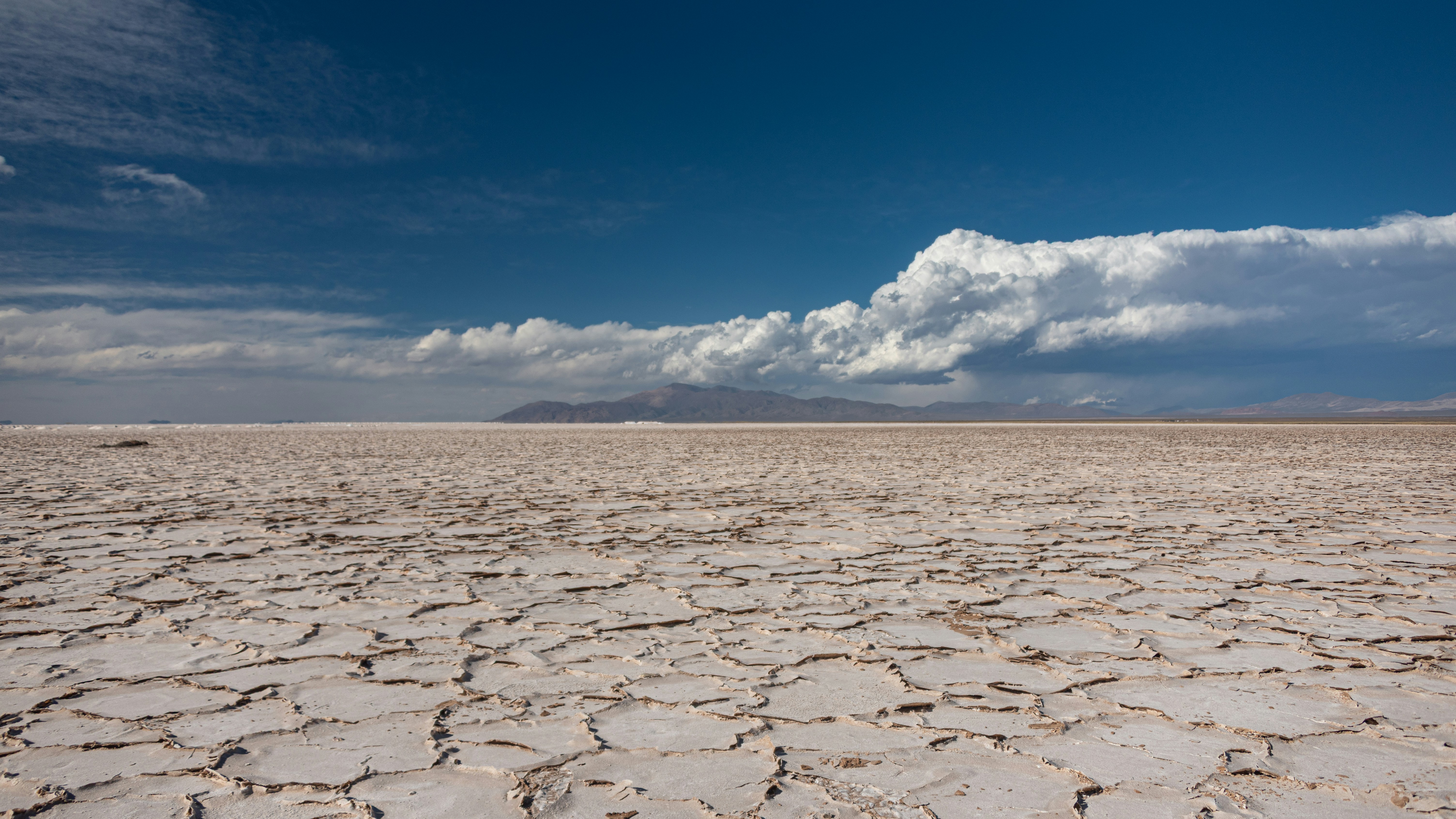 Cracked salt flat under a dramatic blue sky with clouds.