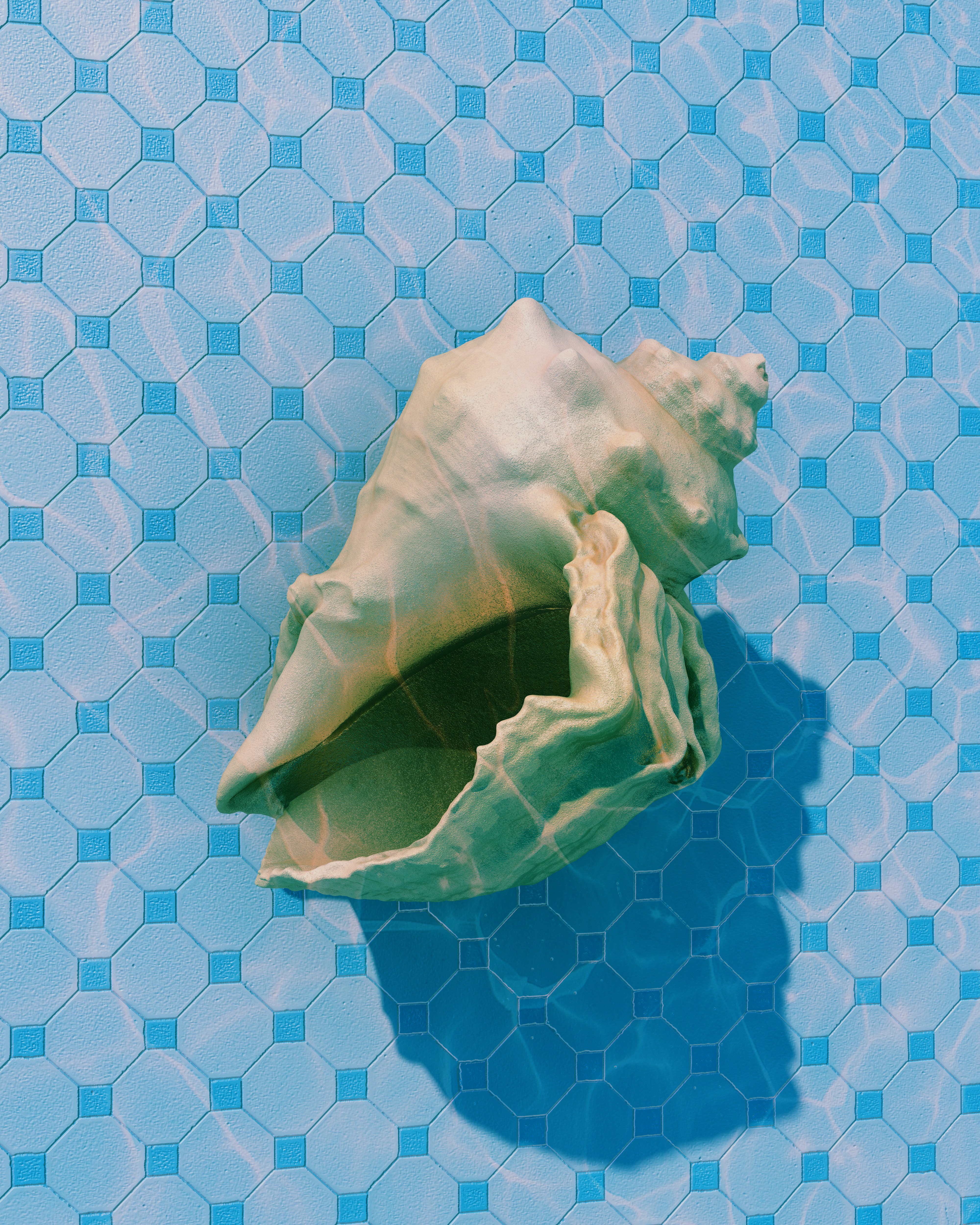 Summer conch shell on blue tiled pool bottom