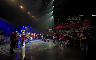 Musicians performing live on stage for a large audience.