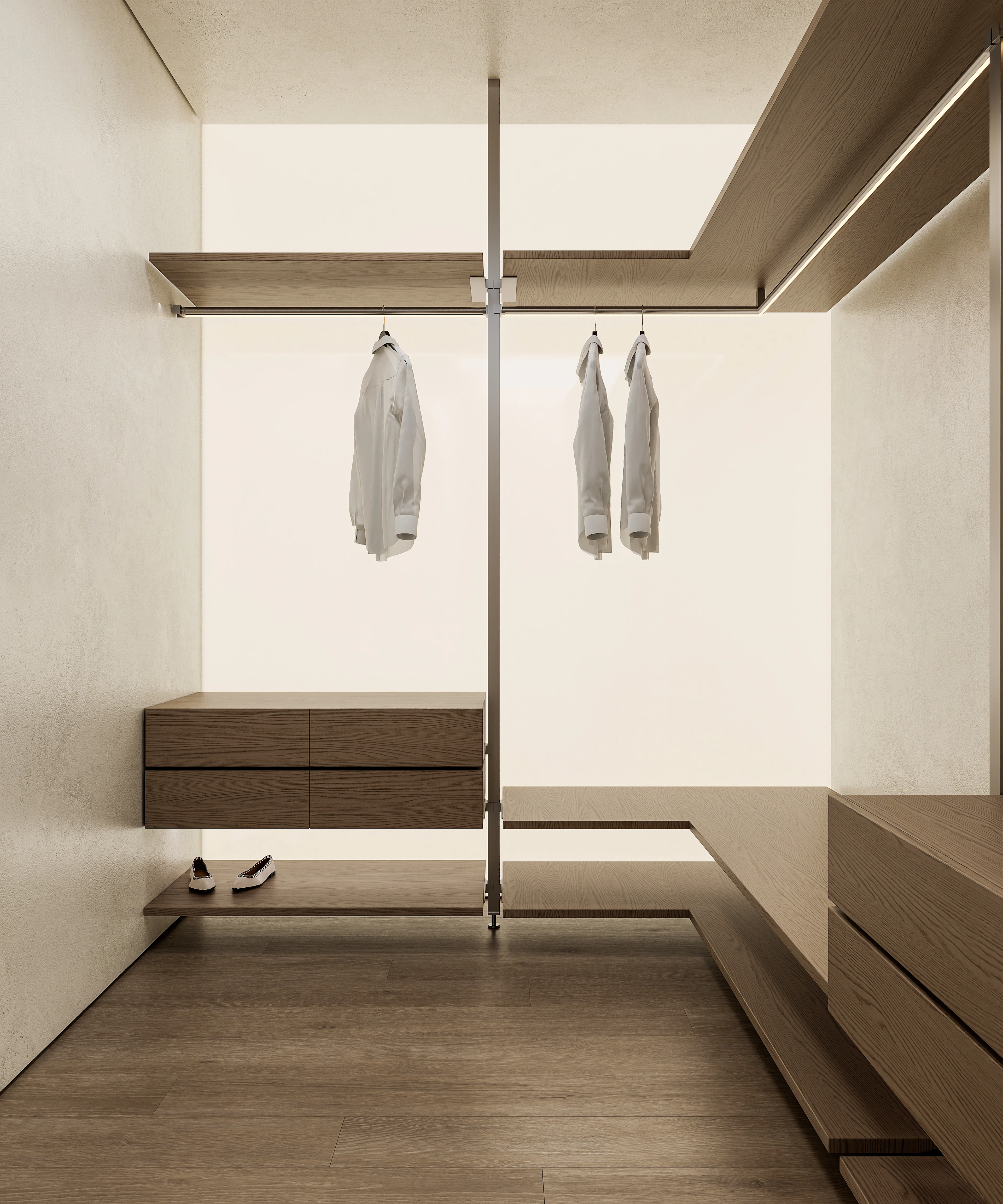 Walk-in closet with wooden shelves and white shirts