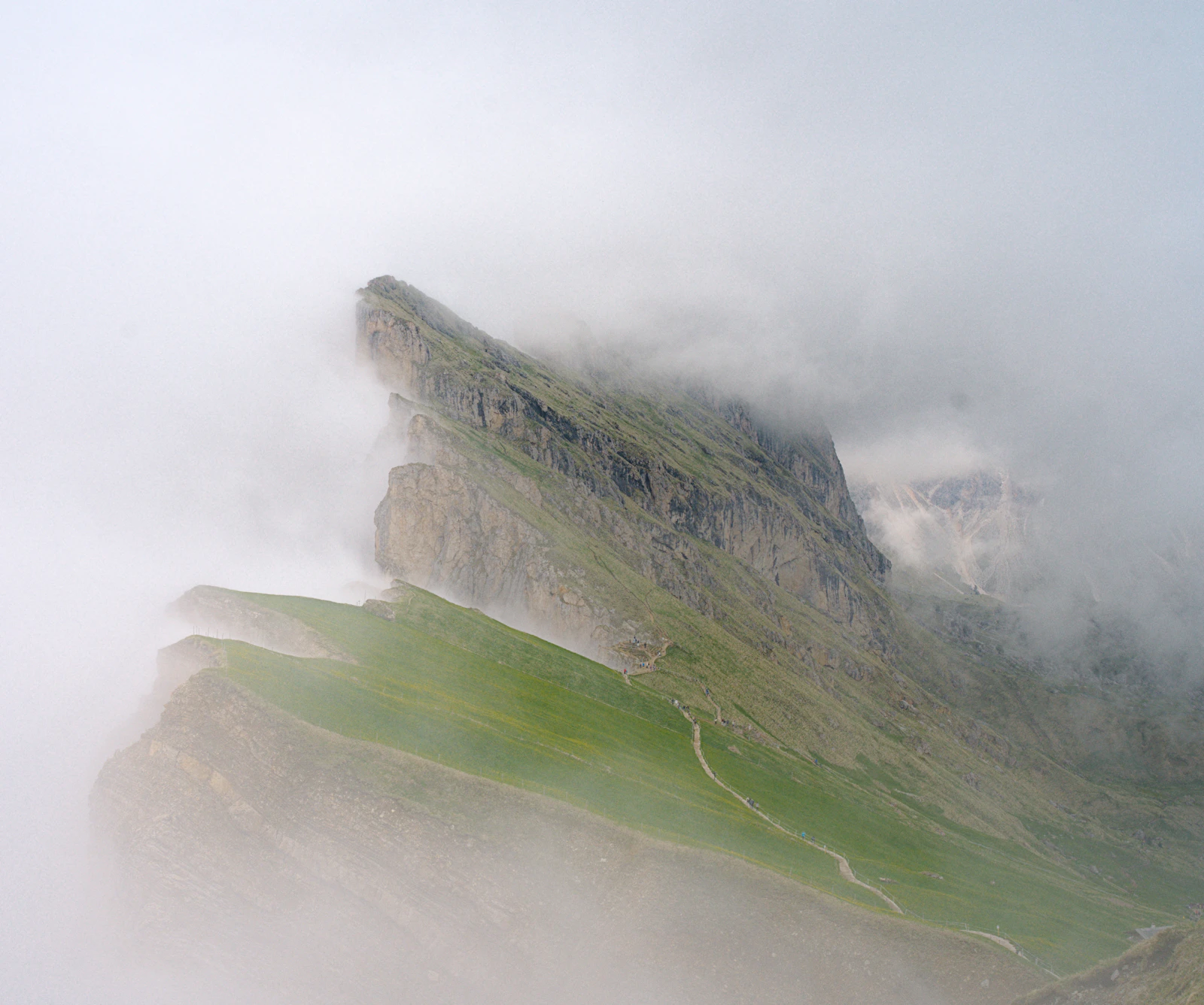 A green ridge line disappearing into fog