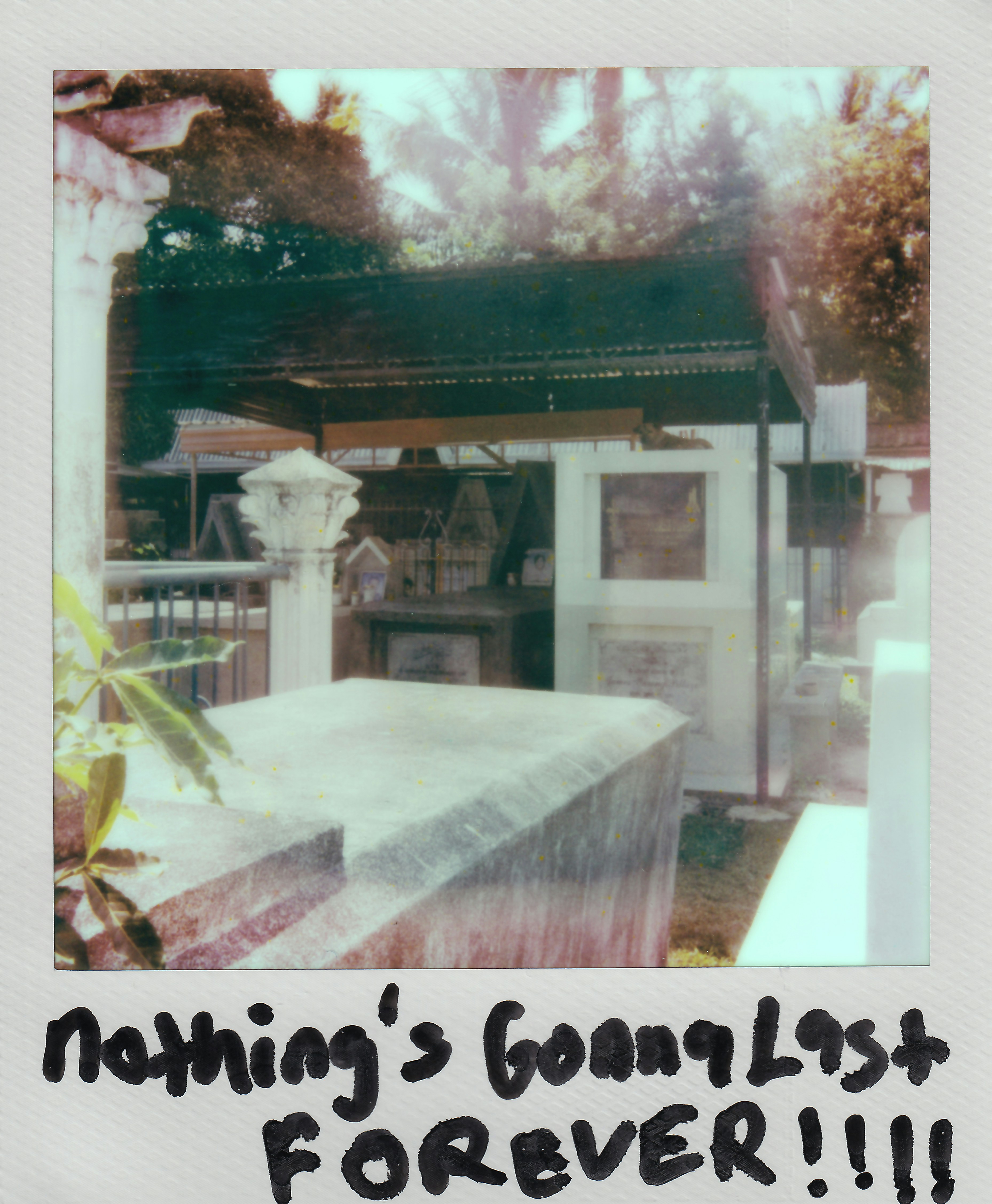 Weathered tombstone captured in a vintage polaroid.