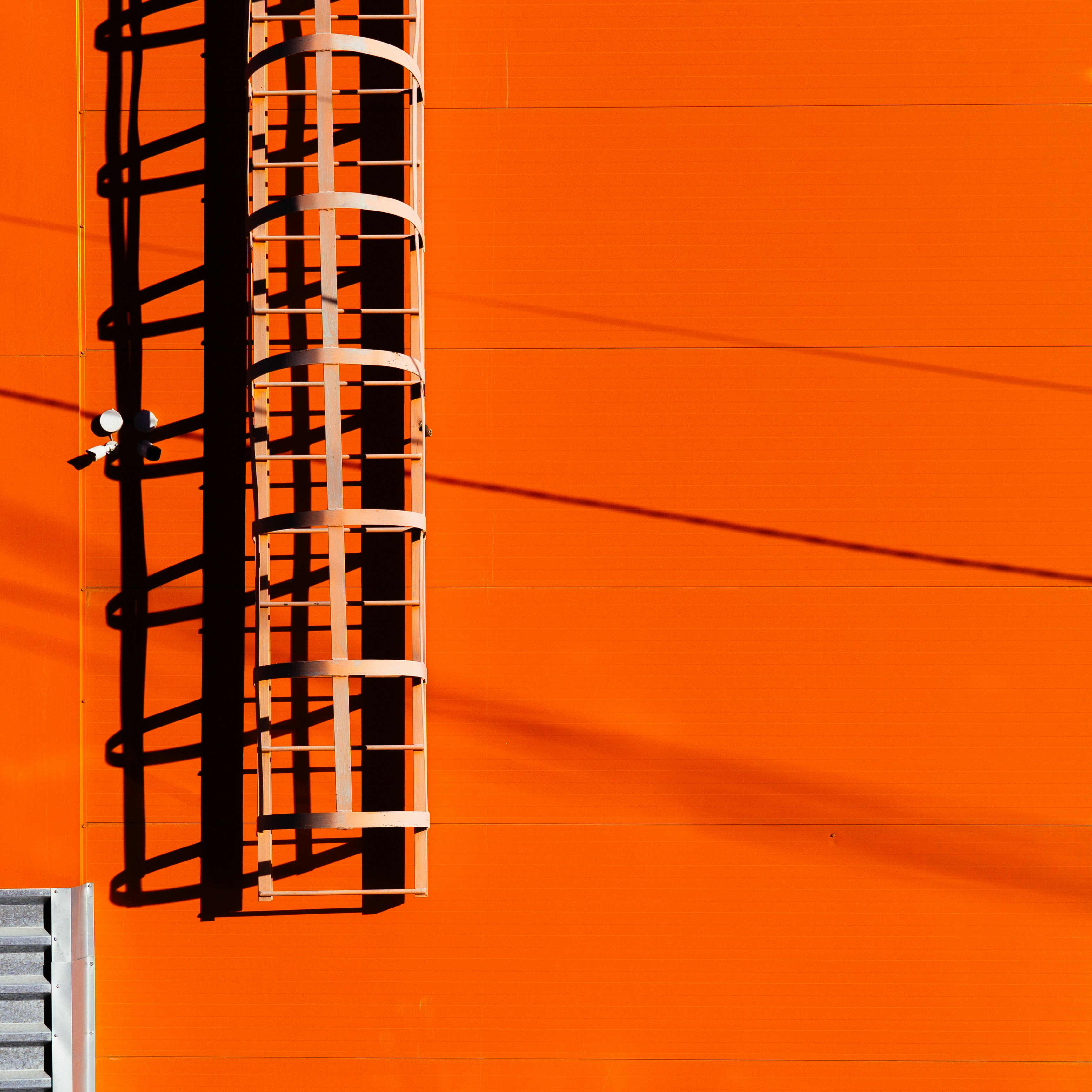 White ladder casts long shadow on bright orange wall.