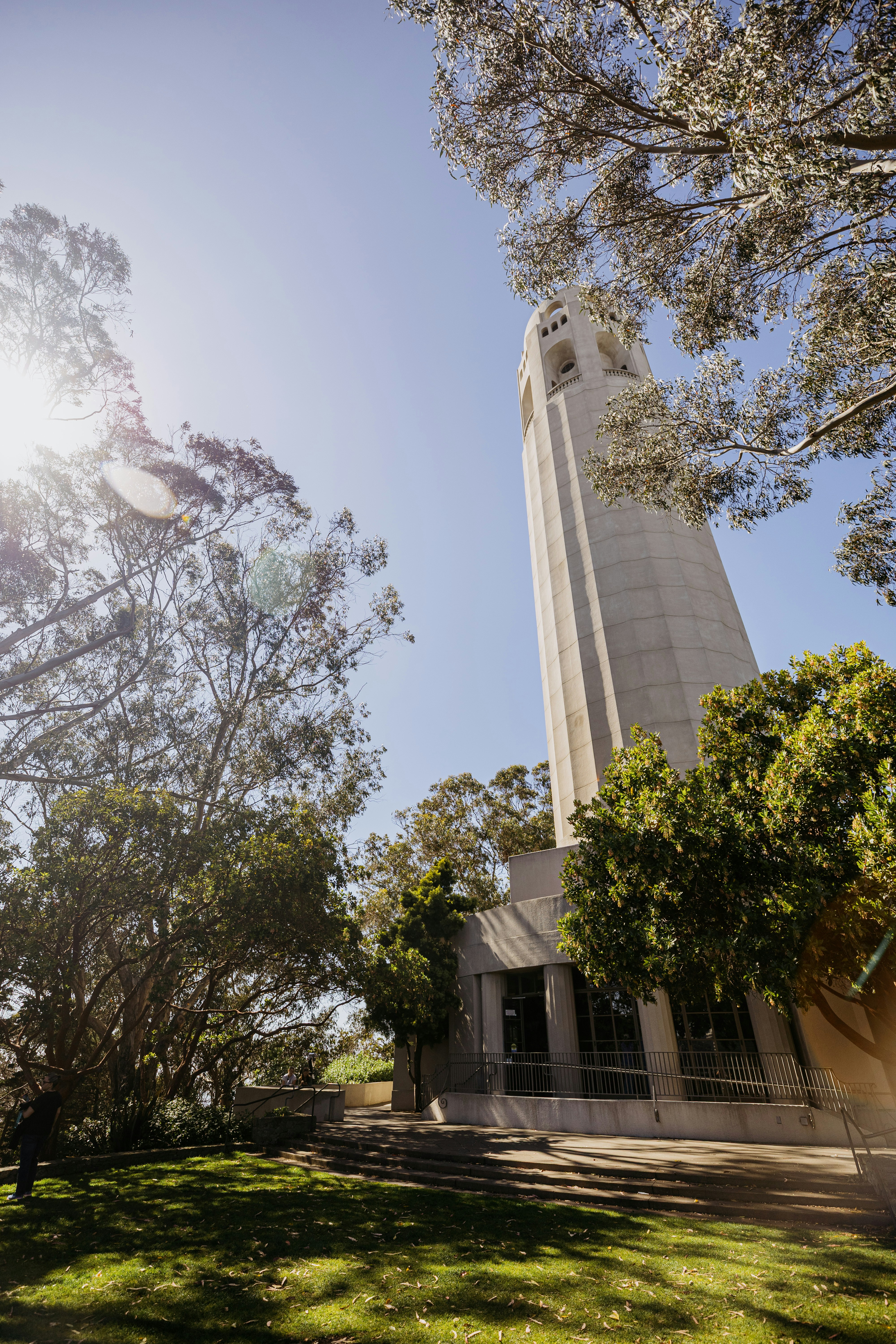 Coit tower stands tall against a bright blue sky.