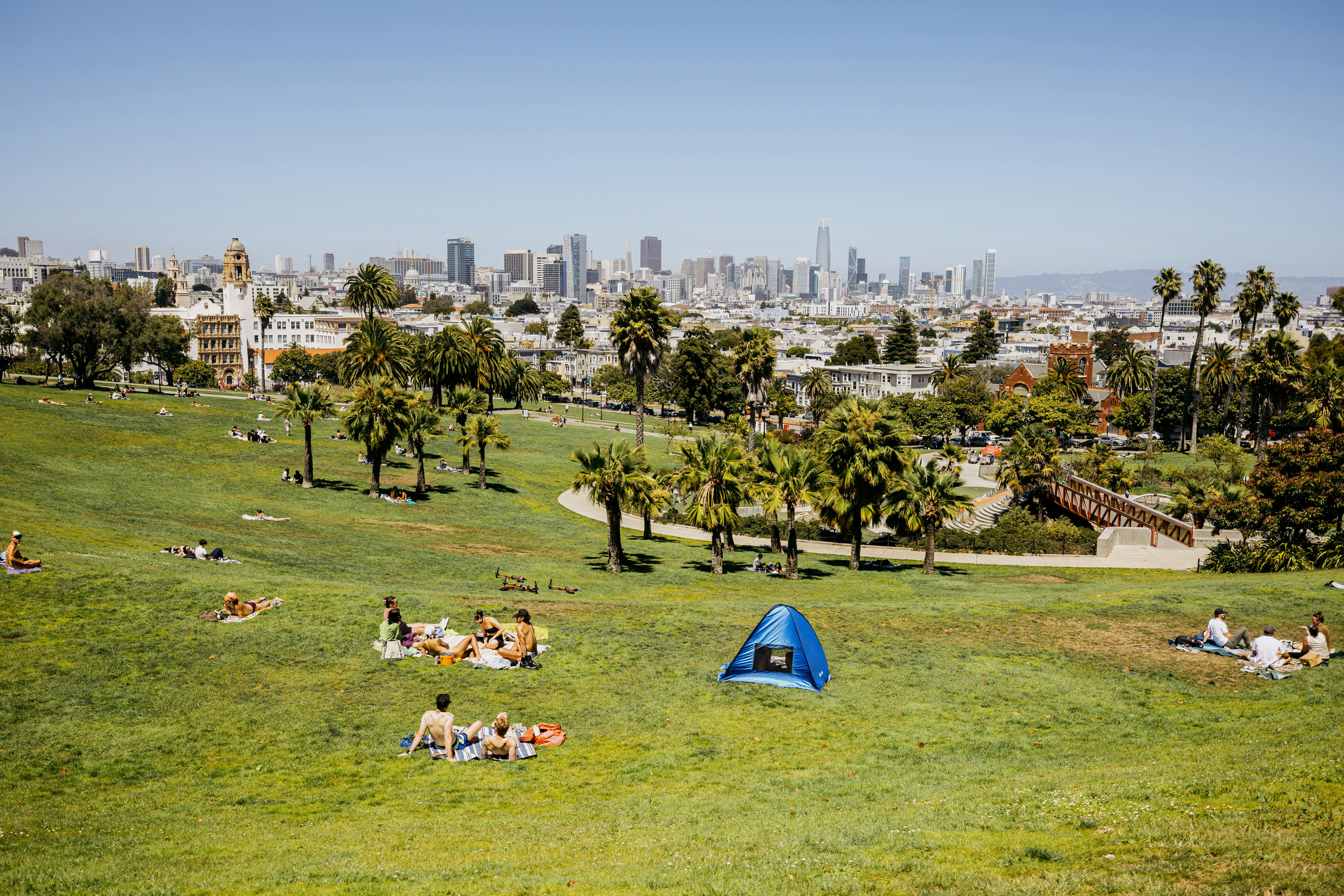 People relaxing in a sunny park with a city skyline.