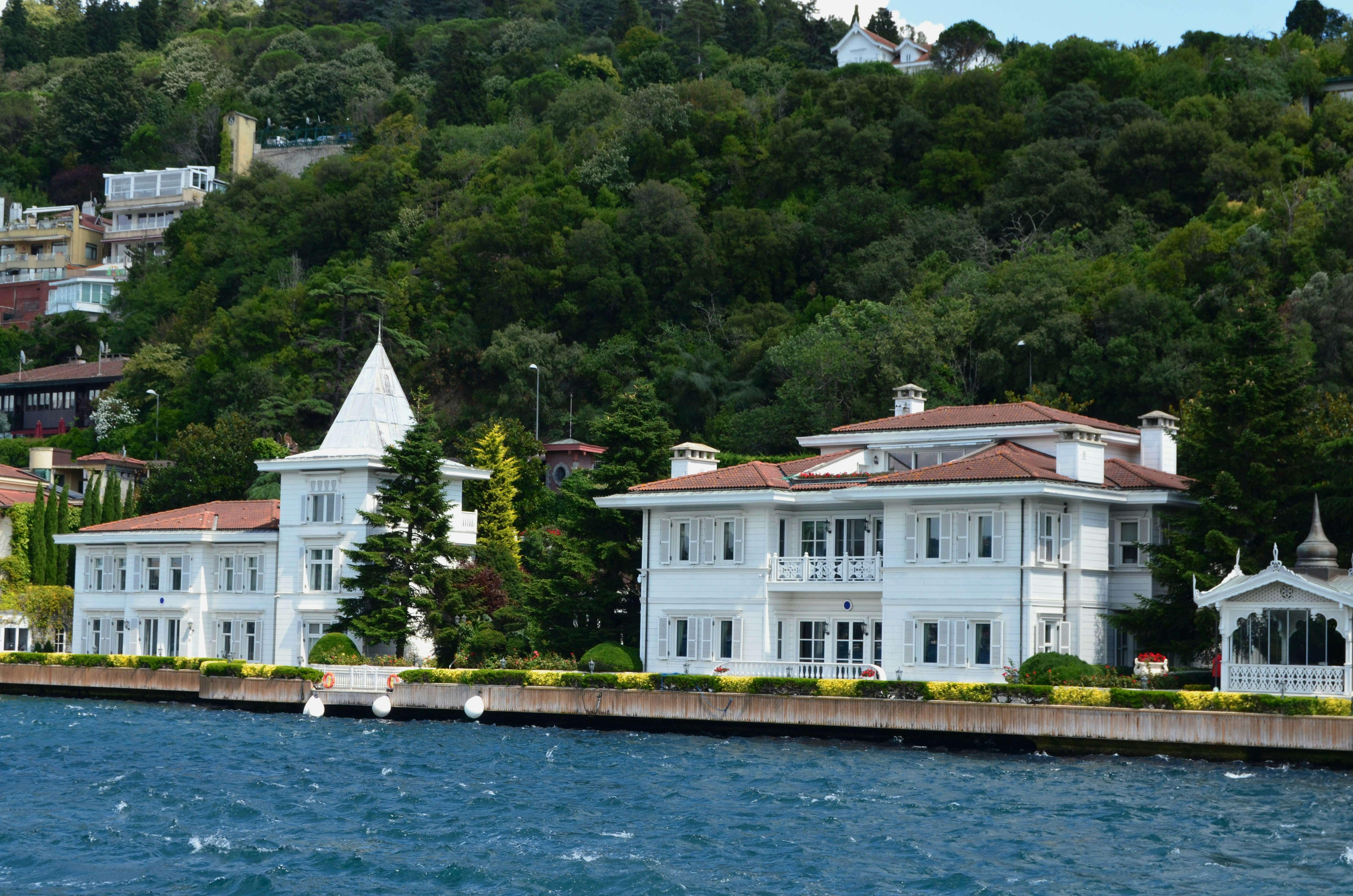White mansions line the waterfront with a lush green hill
