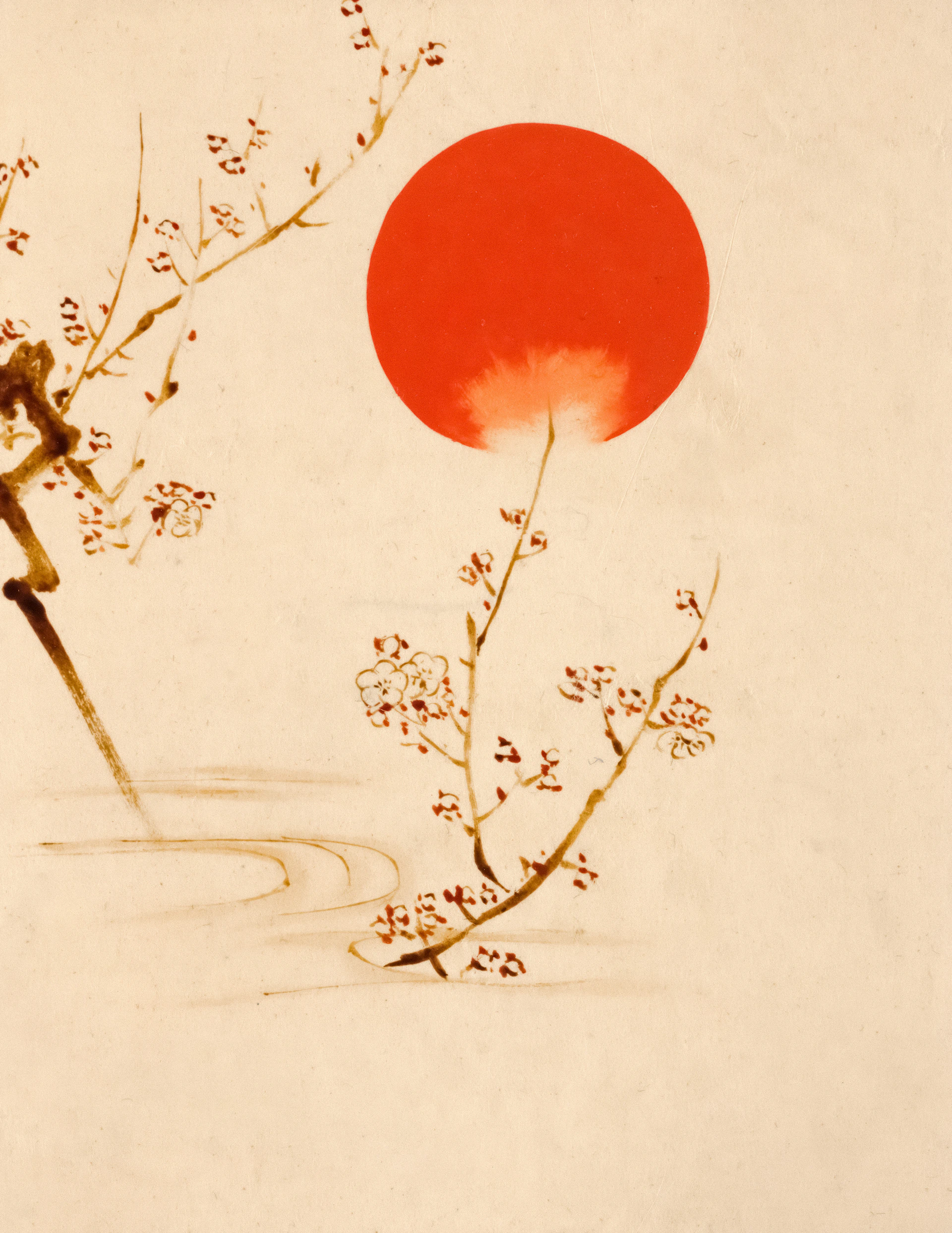 Traditional japanese painting of a red sun and flowering branches