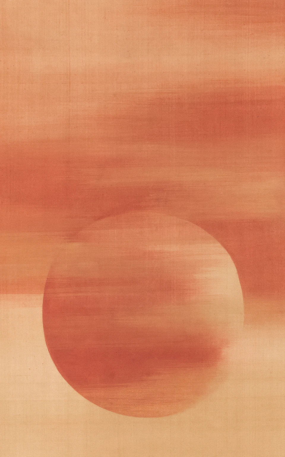 Lukisan abstrak lingkaran jingga di atas latar terakota