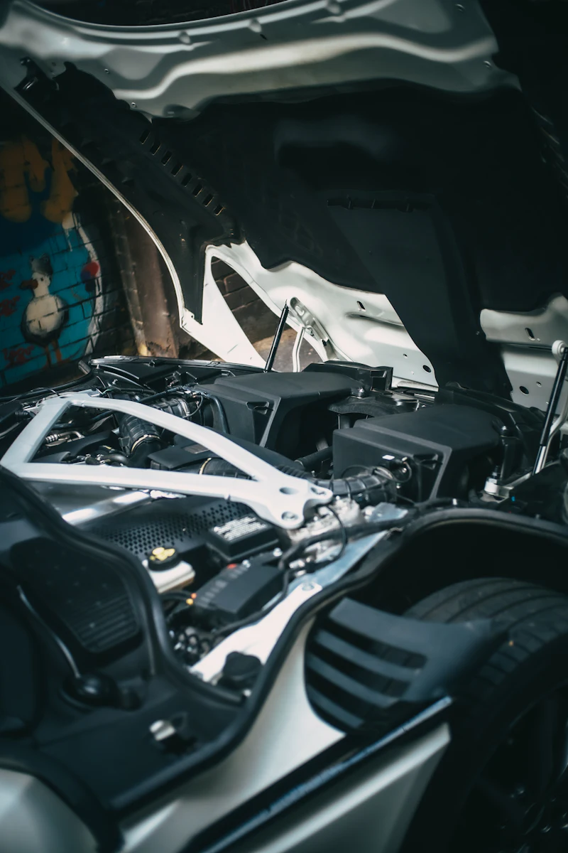 Modernaus automobilio variklio skyrius atidarytu gaubtu