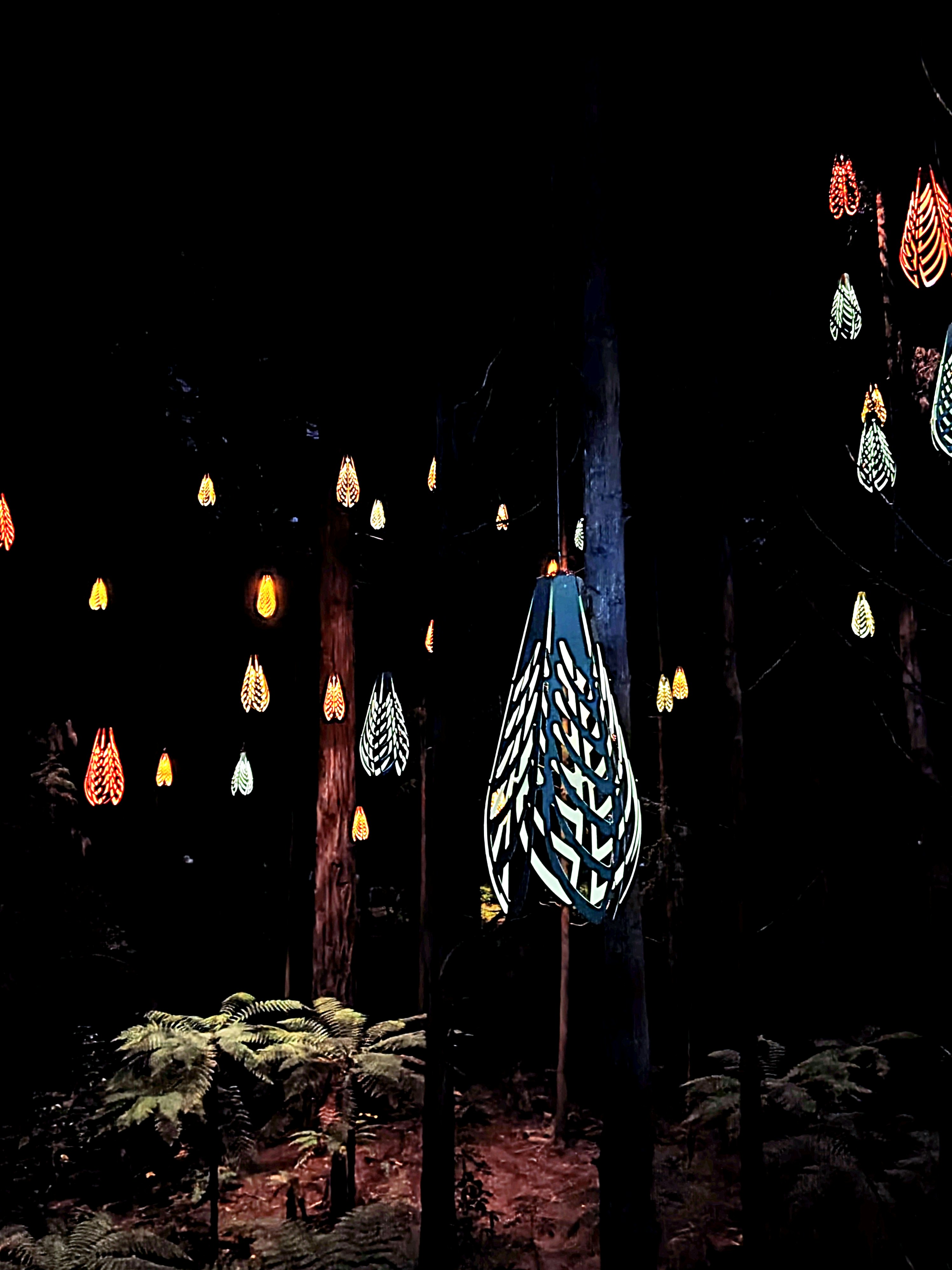 Glowing moth-shaped lanterns illuminate a dark forest