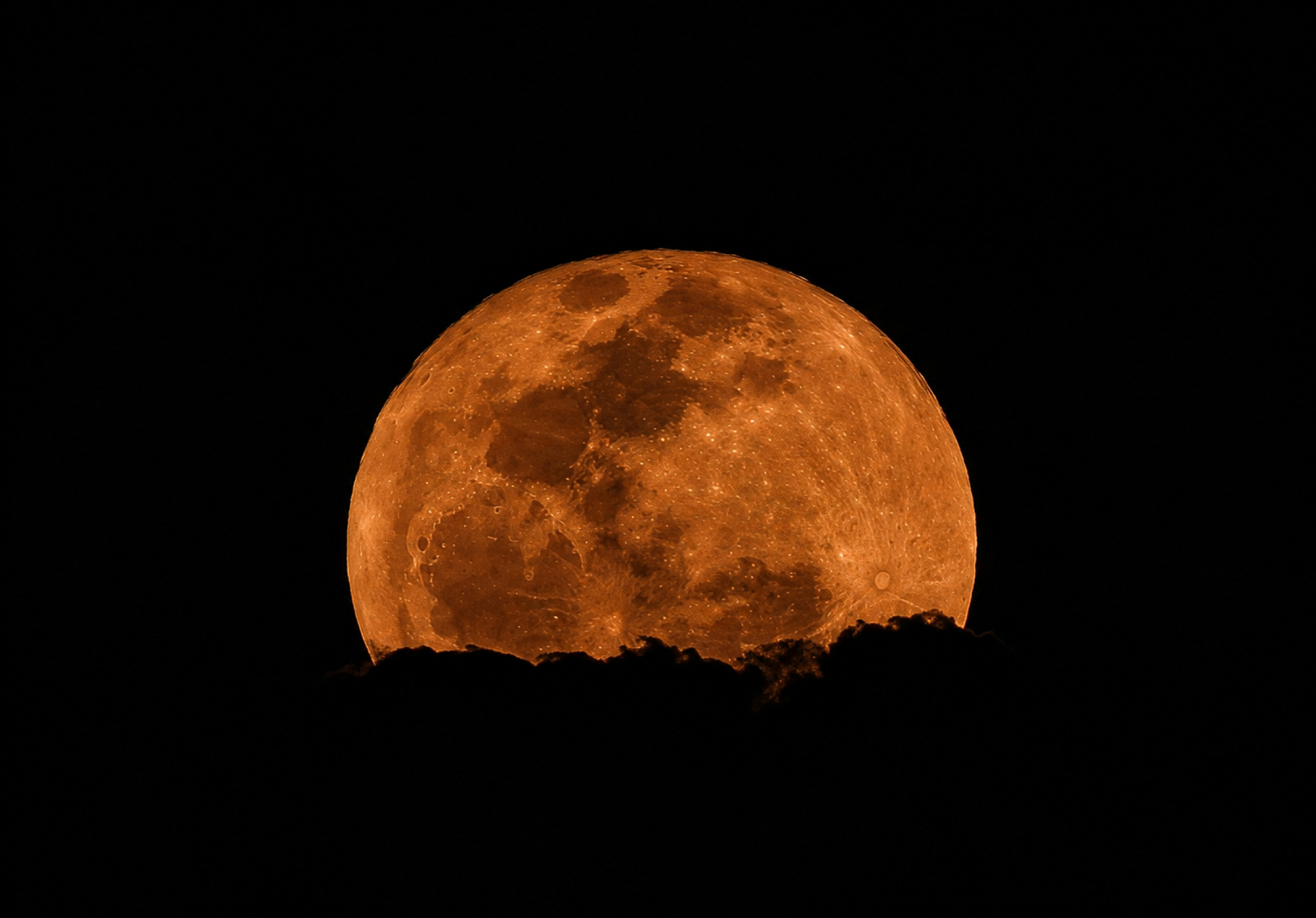 A large orange moon rises above a dark horizon.