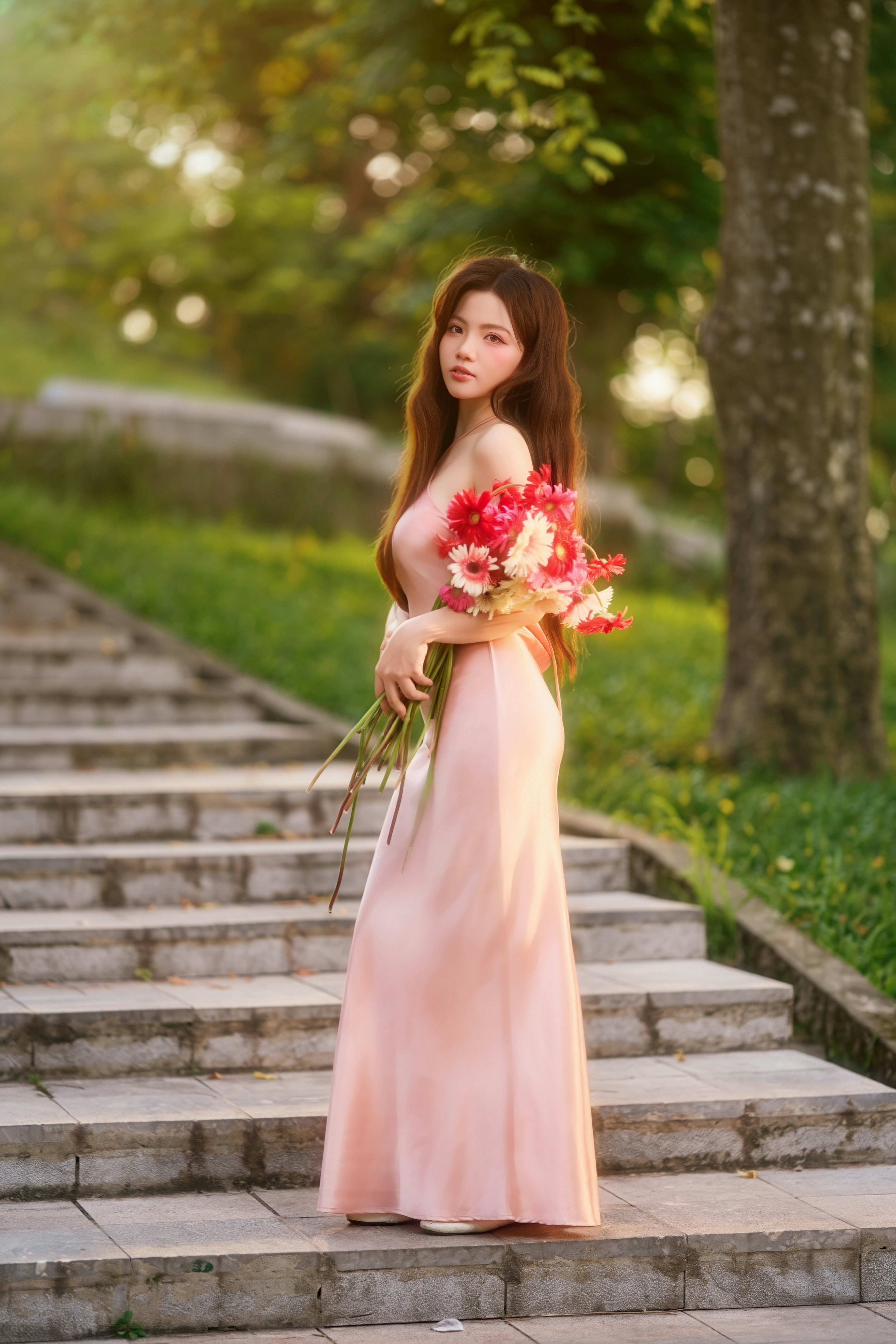Elegant woman in pink dress with flowers on garden stairs.