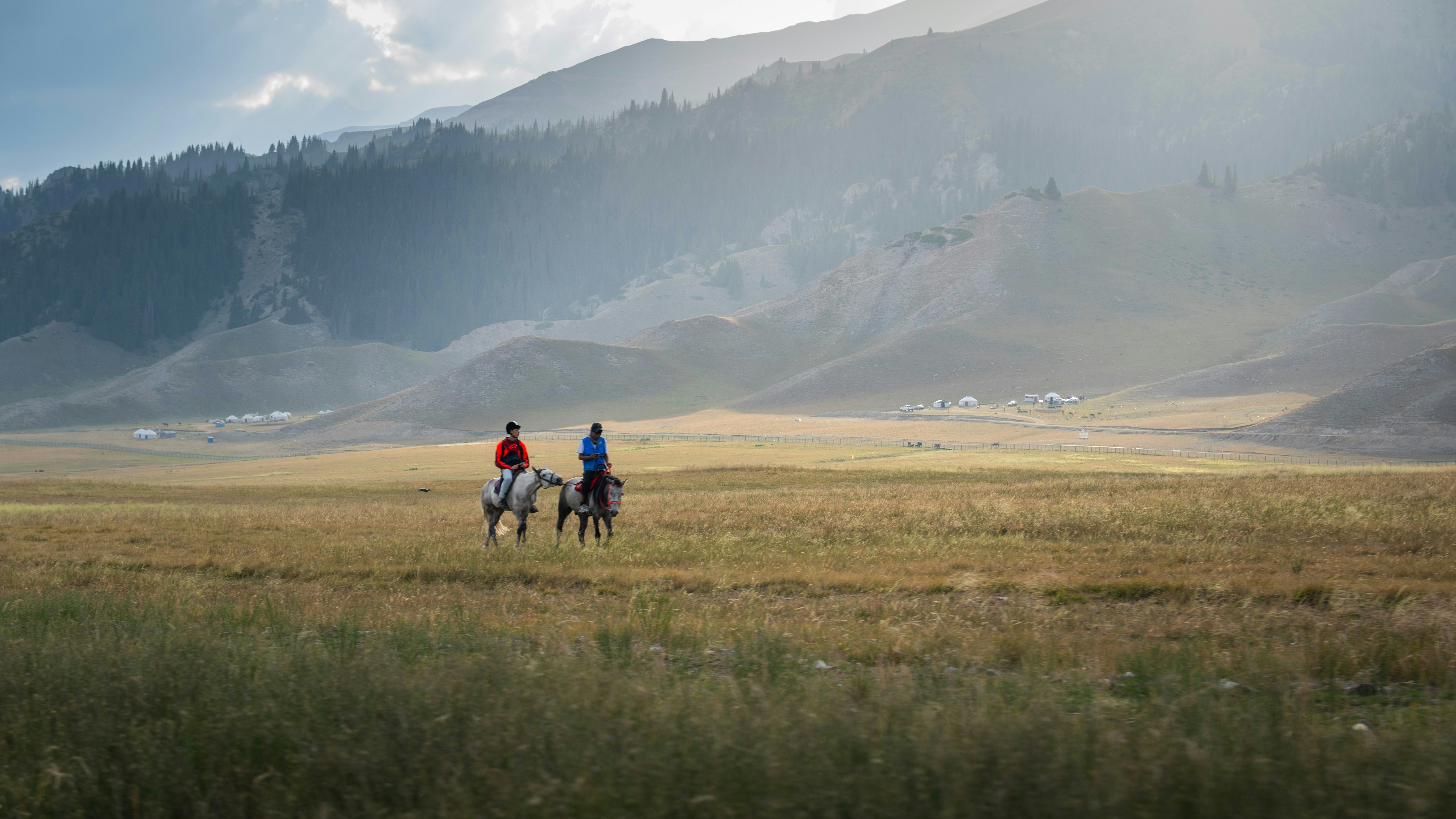 Riders on horseback crossing an open mountain meadow