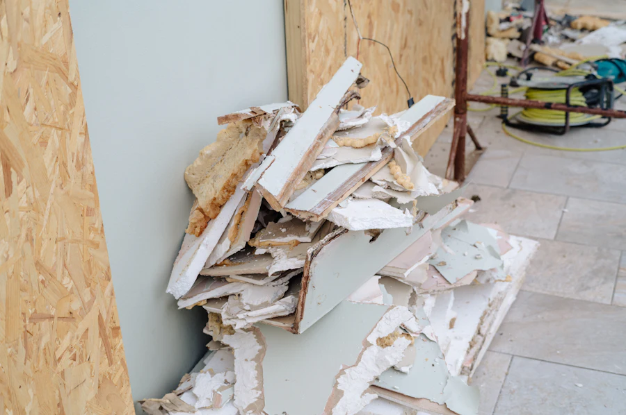 Pile of broken drywall and interior demolition debris