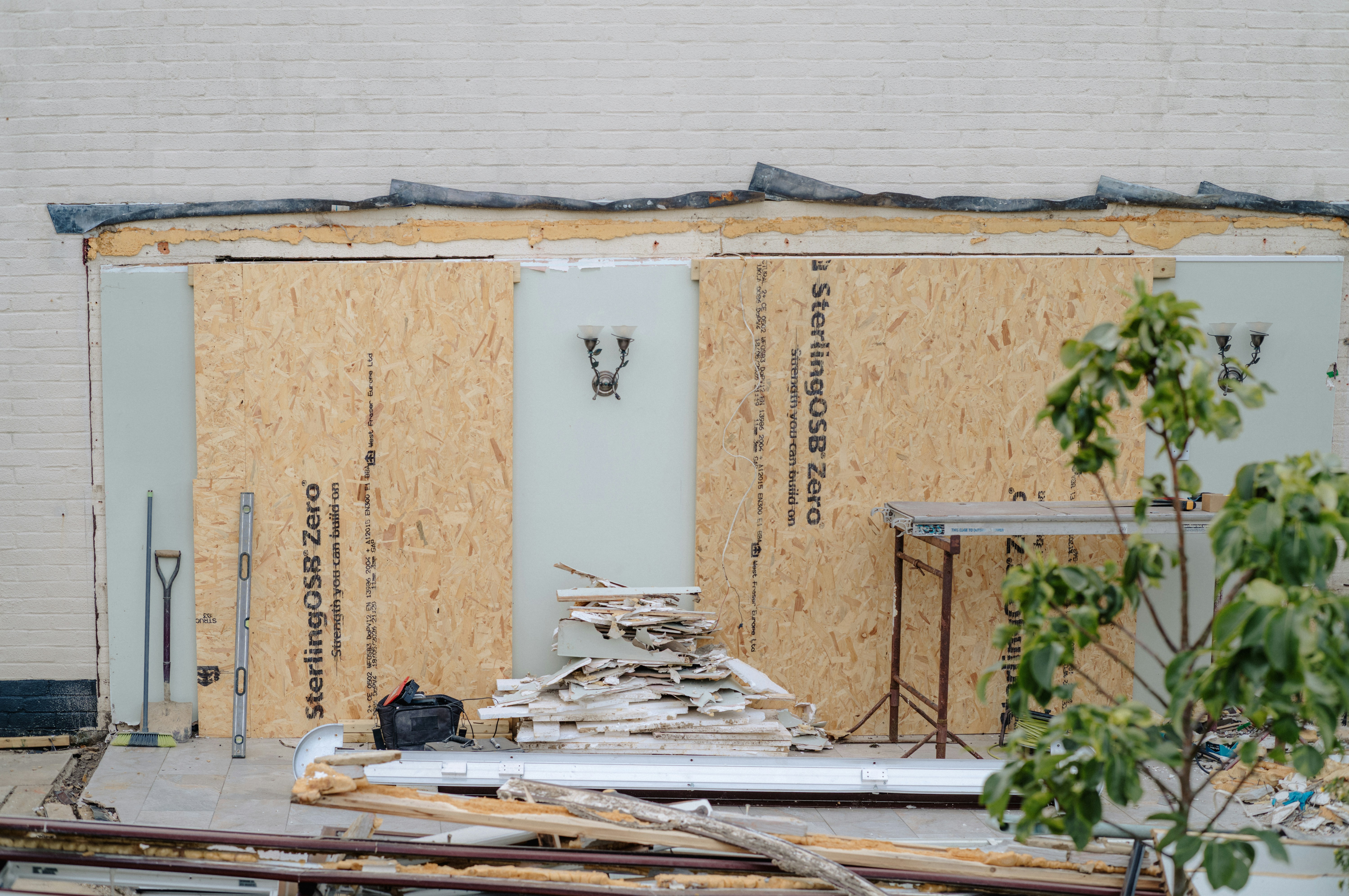 Building exterior under renovation with osb sheathing