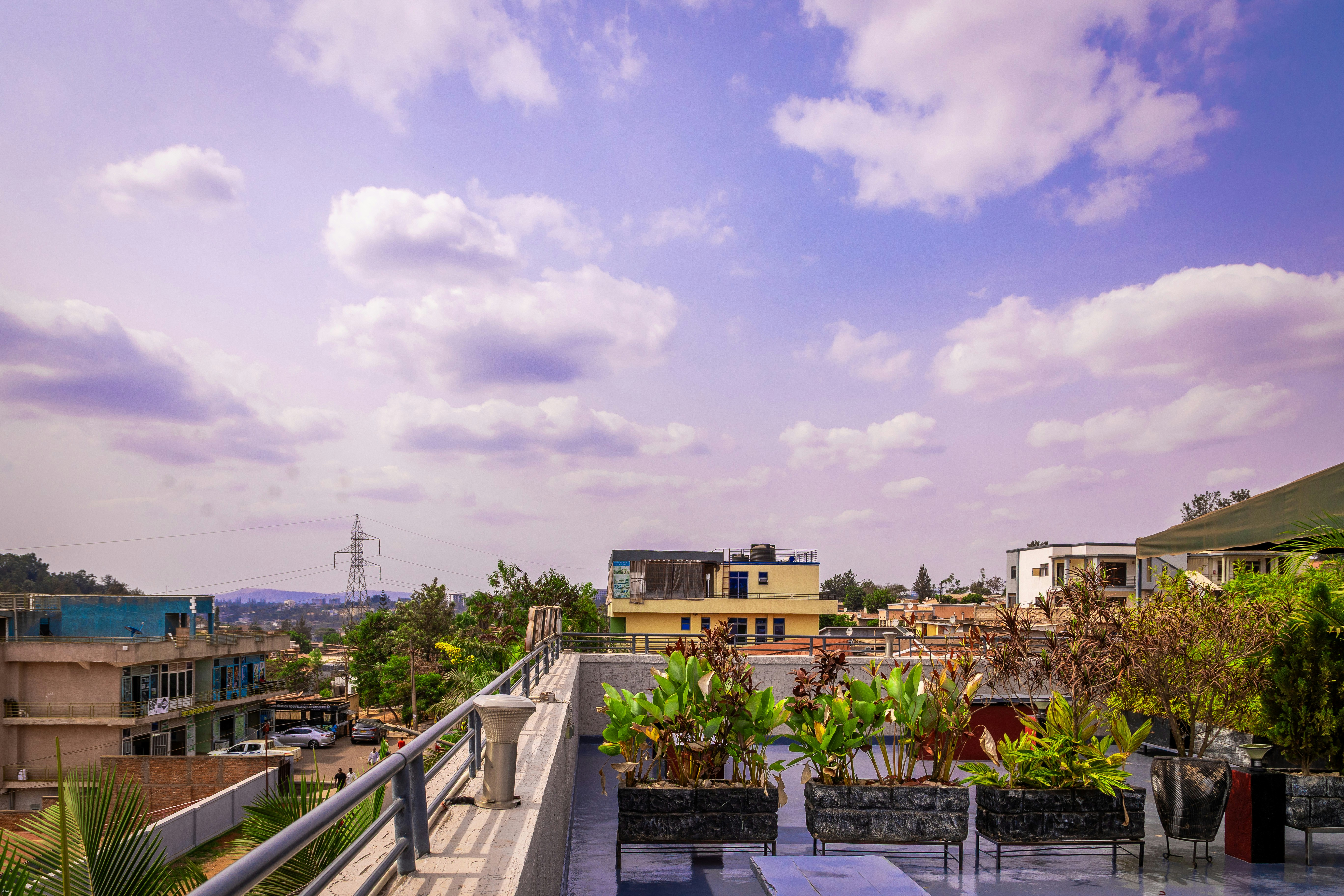 Modern residential rooftop terrace overlooking the city skyline