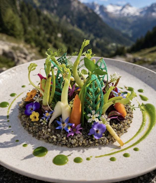 Artistic vegetable and flower dish against a stunning mountain landscape.